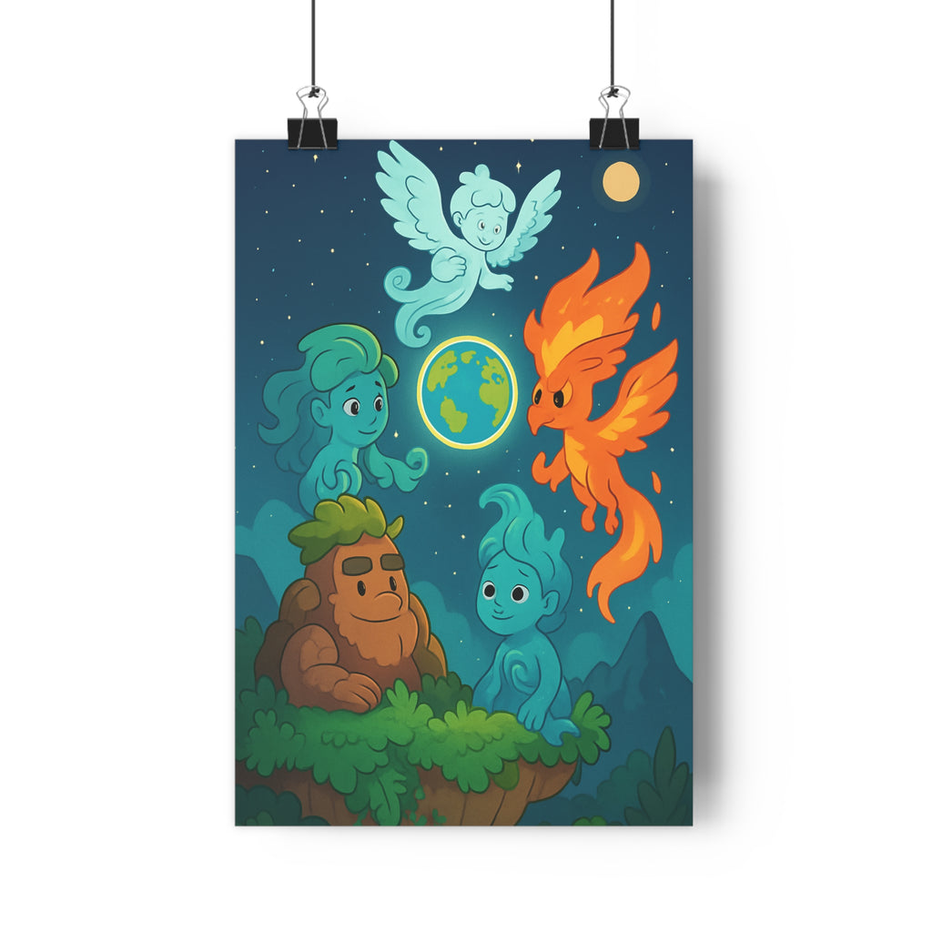 Poster décoratif mystique bleu orange vert magique chambre salon paysage étoilé lumineux féerique contemporain