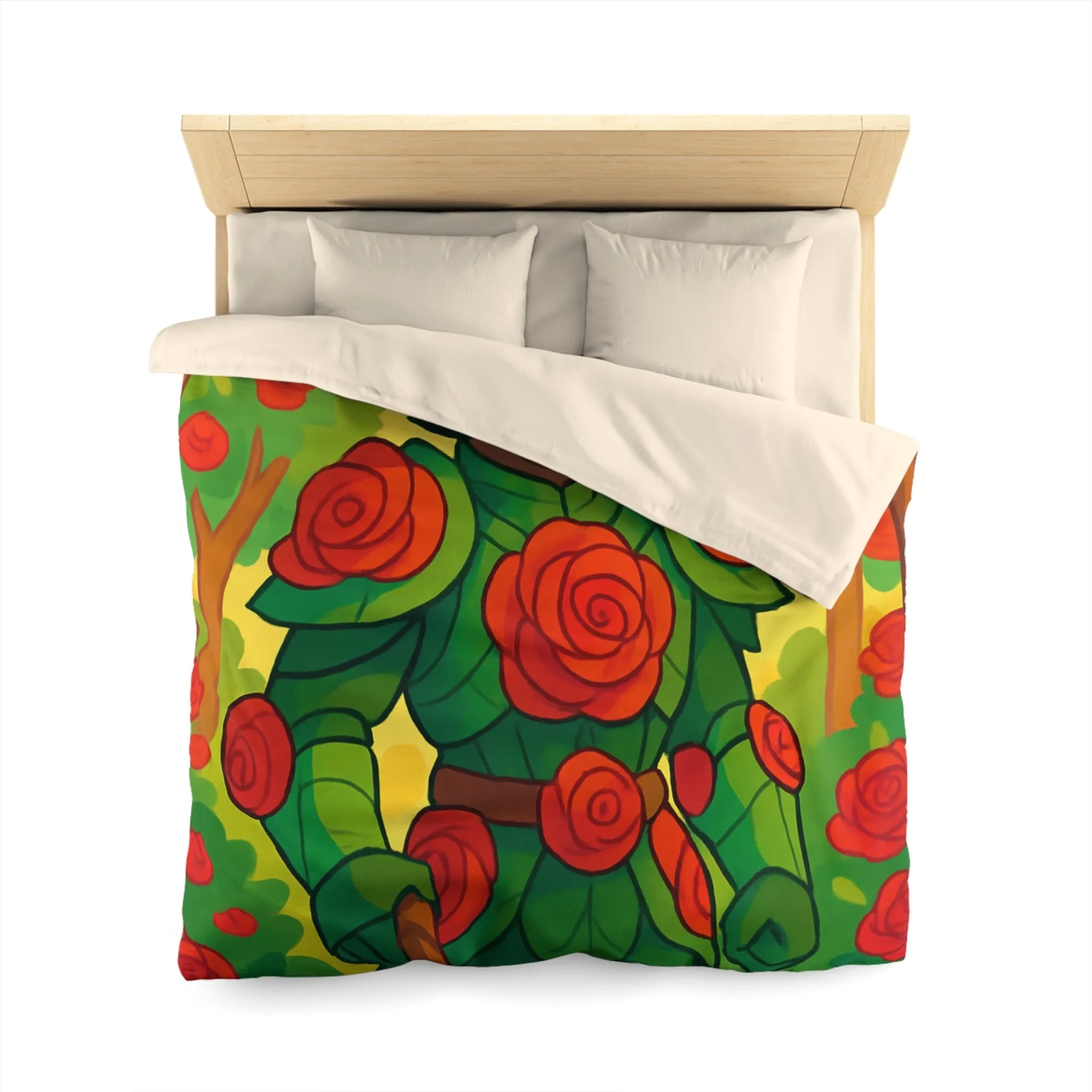 Housse de couette au design chevalier floral avec roses rouges et feuillage vert