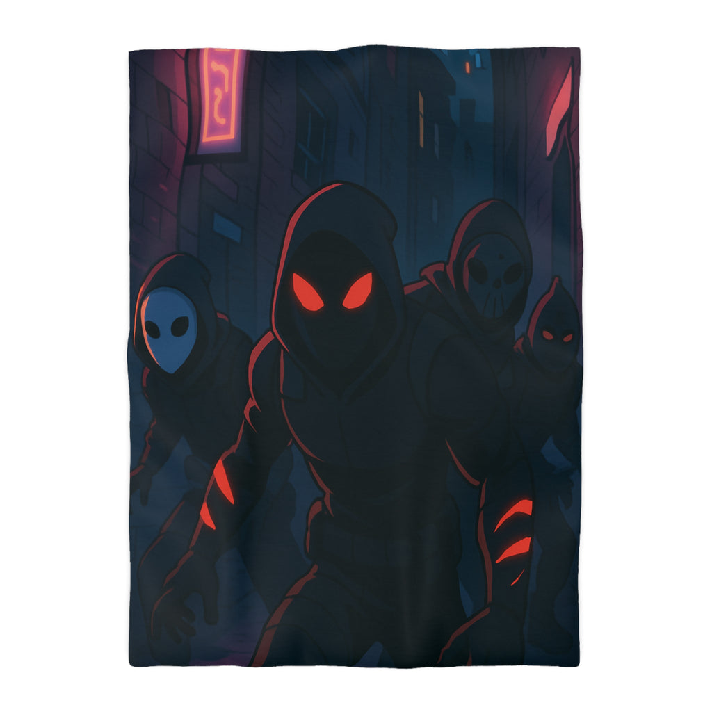 Housse de couette urbaine avec silhouettes mystérieuses et ambiance sombre néon