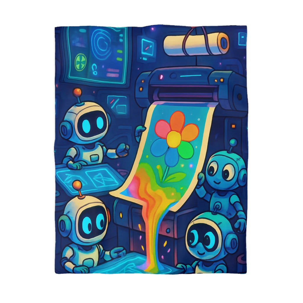 Drôles de robots imprimant une fleur colorée dans un atelier futuriste lumineux