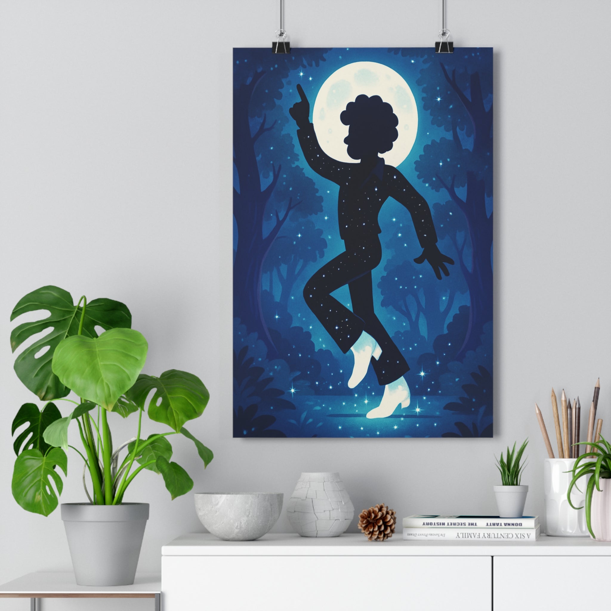 Poster décoratif silhouette dansante lune bleue cartoon mystique salon chambre magique ambiance captivante qualité