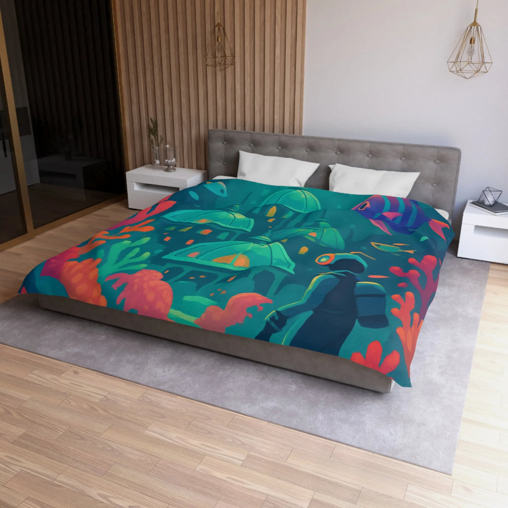 Housse de couette aux couleurs vibrantes inspirée d'une cité sous-marine avec poissons exotiques