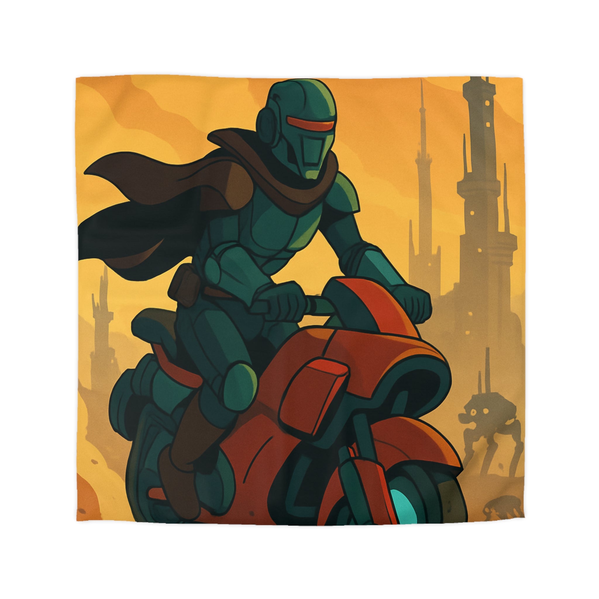 Housse de couette moto futuriste avec pilote en armure et paysage urbain orange