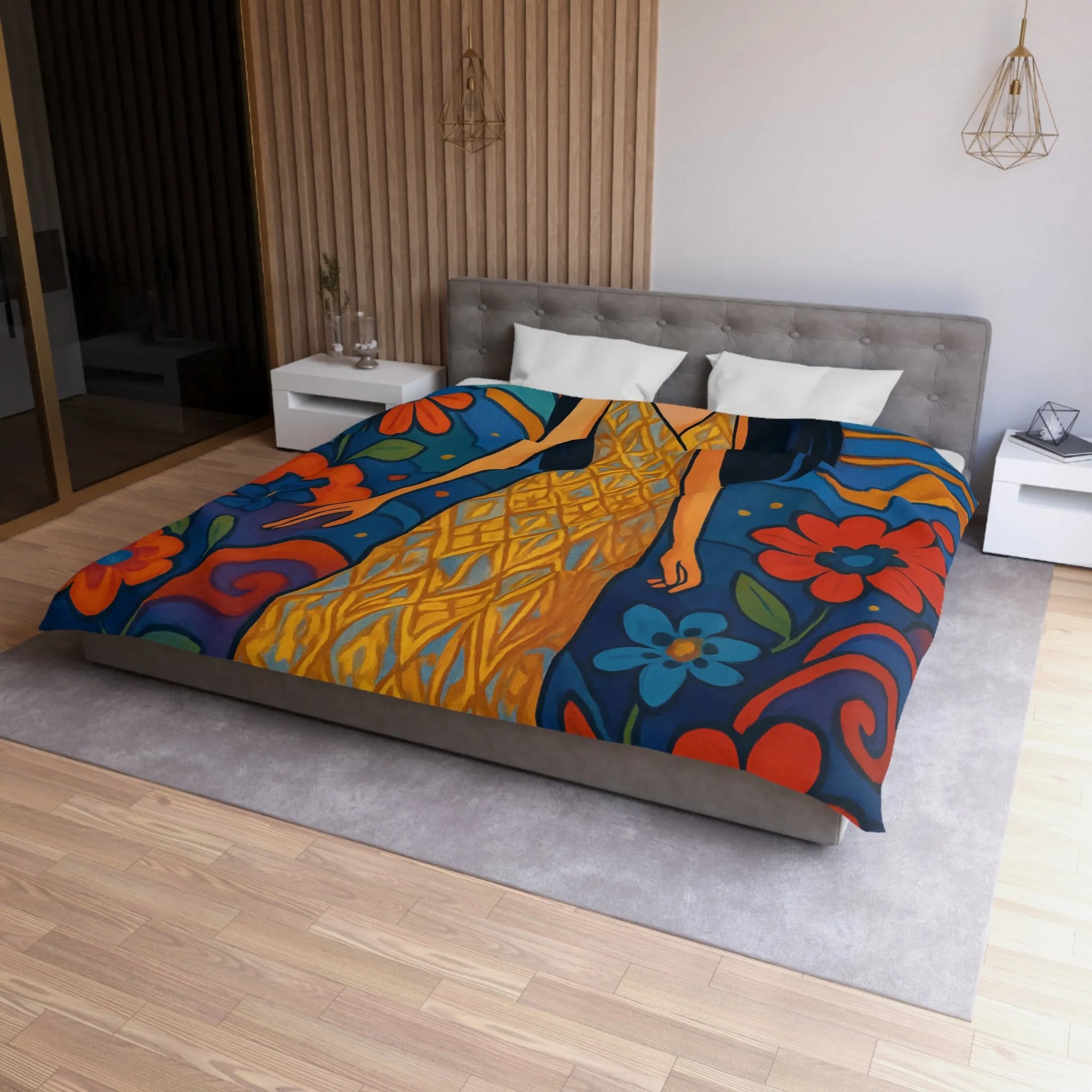 Housse de couette artistique avec motif floral vibrant et silhouette élégante féminine