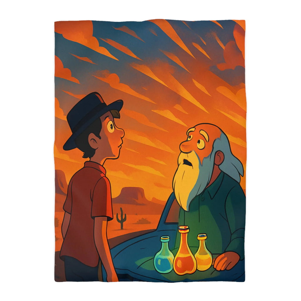 Housse de couette artistique coucher de soleil désertique avec flacons lumineux et personnages