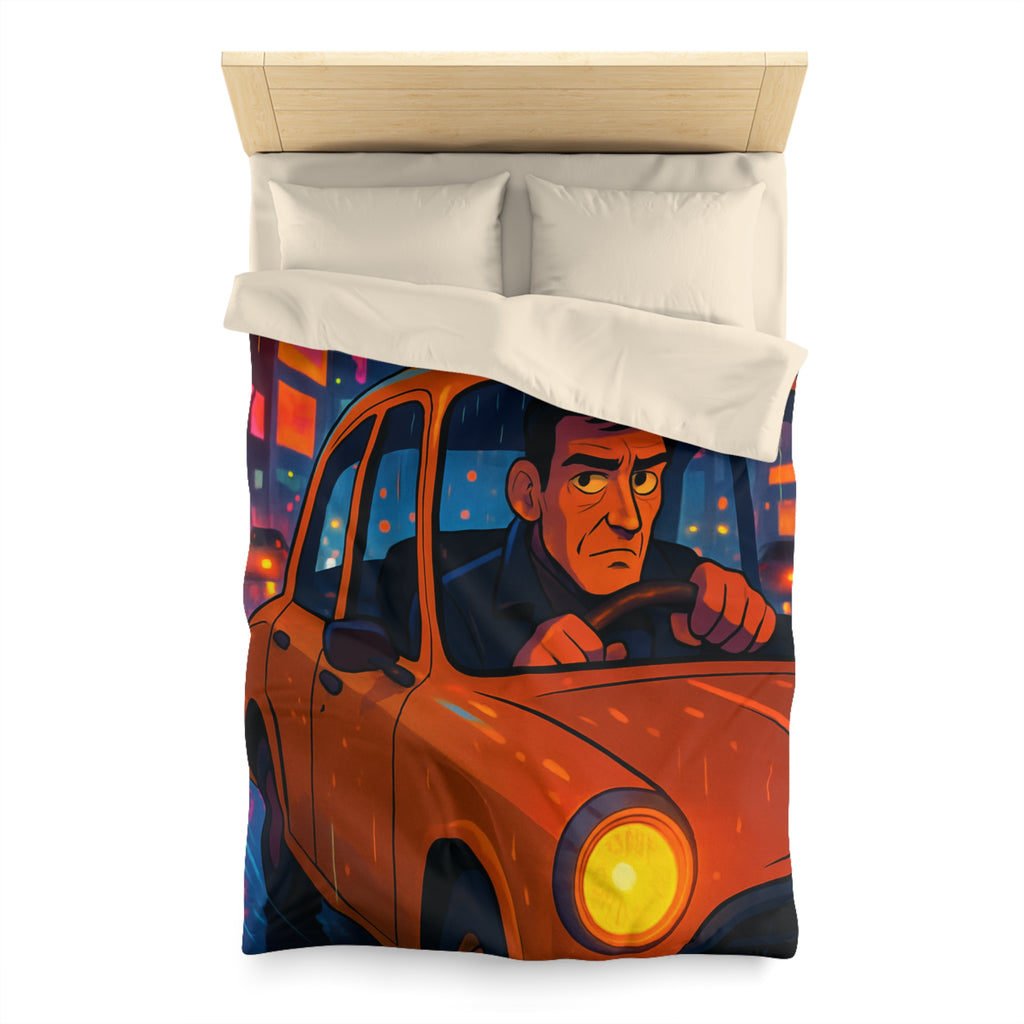 Illustration Nocturne Métropole avec Chauffeur de Taxi sous Pluie pour Housse de Couette