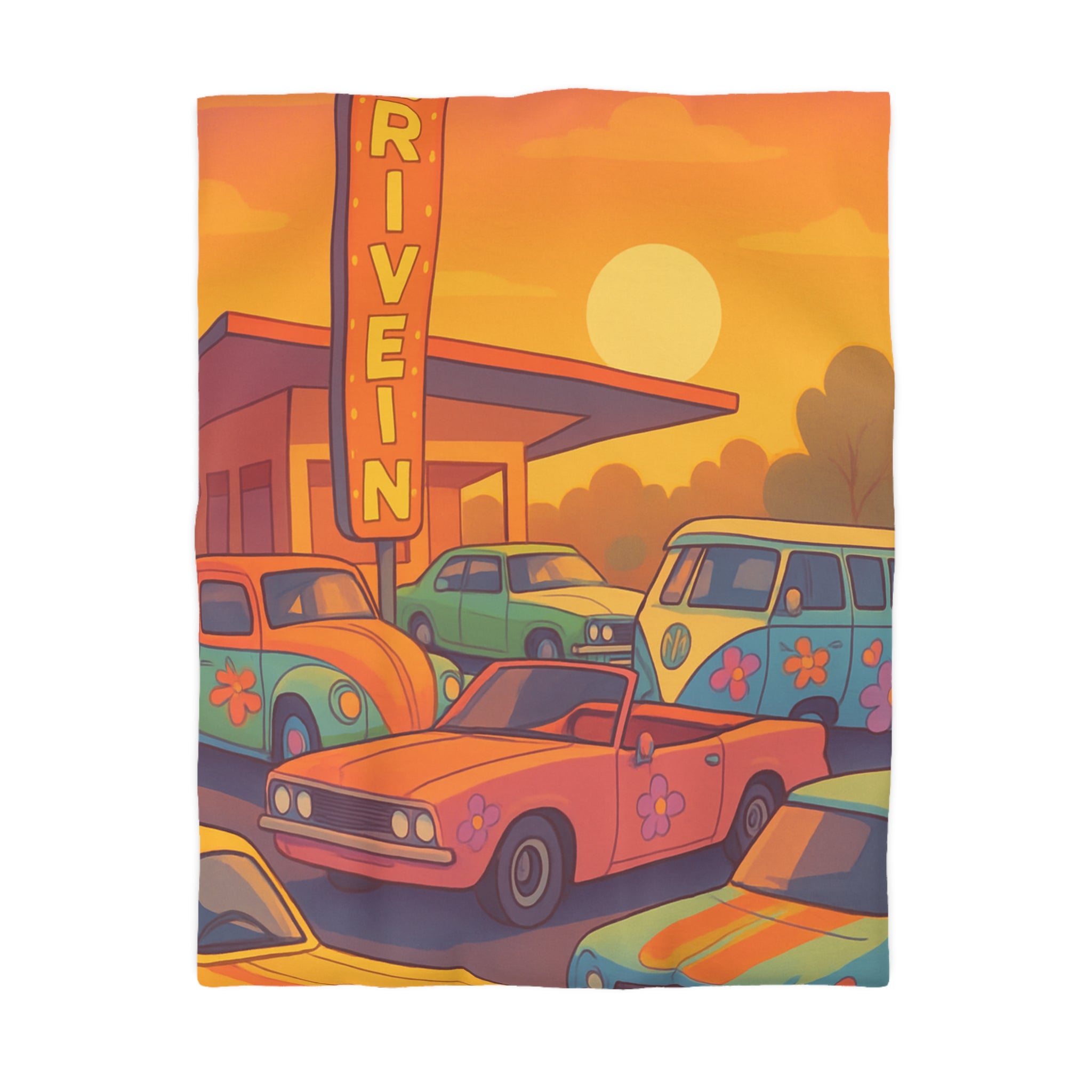 Vintage Style Housse de Couette Avec Anciennes Voitures et Coucher de Soleil Orange