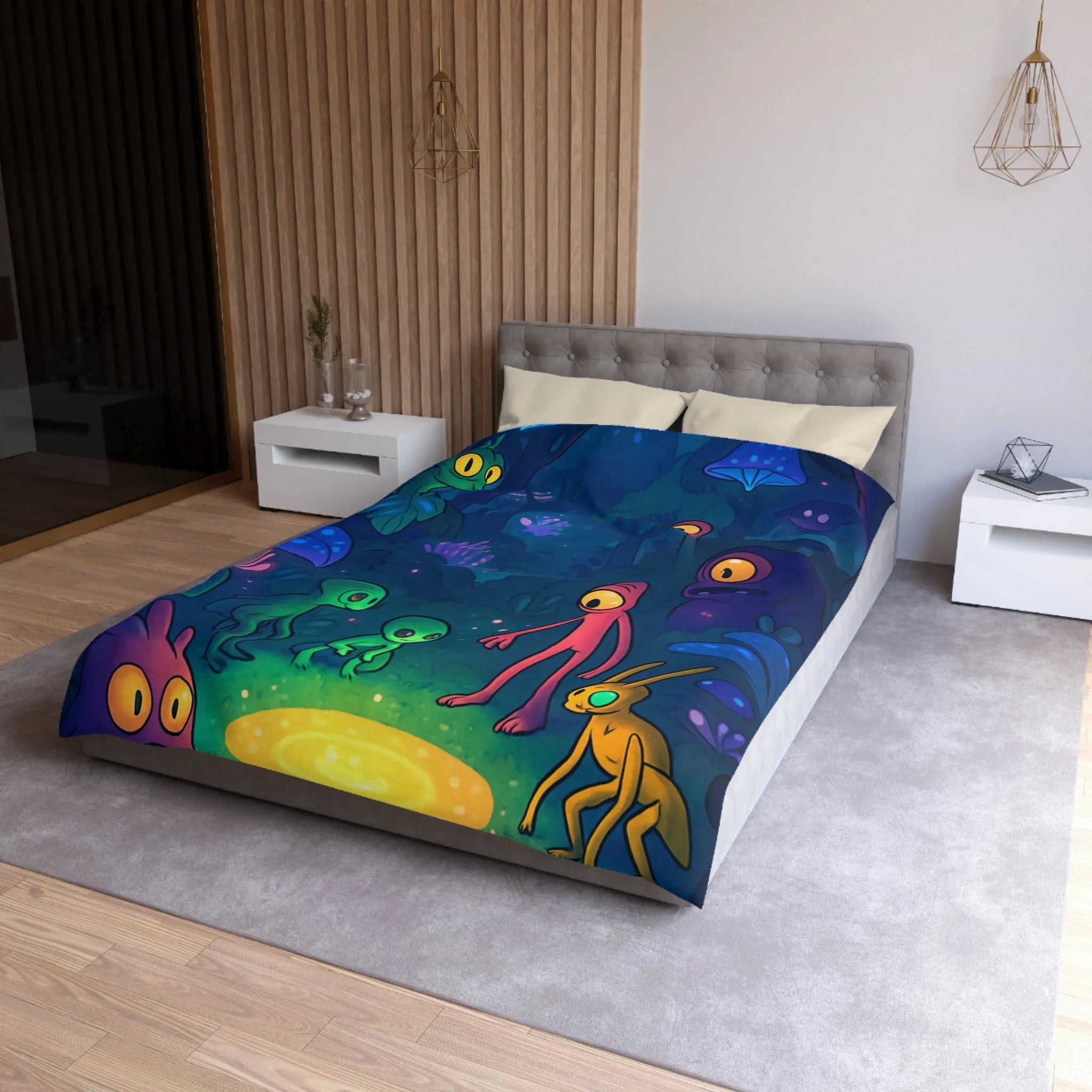 Housse de couette forêt magique avec créatures fantastiques et éclairage féérique luminescent