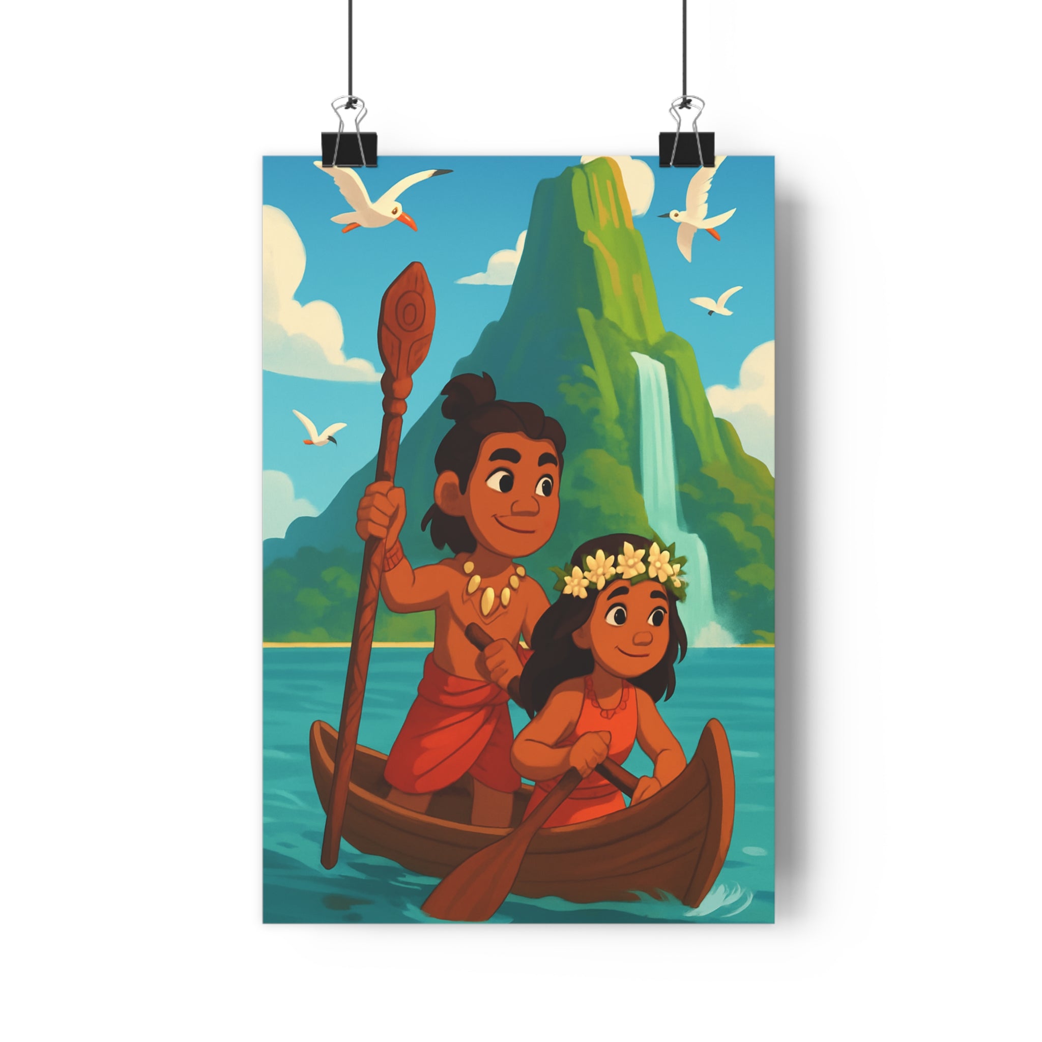 Poster décoratif cartoon turquoise vert joyeux aventure salon enfant vibrant nature cascade montagne qualité