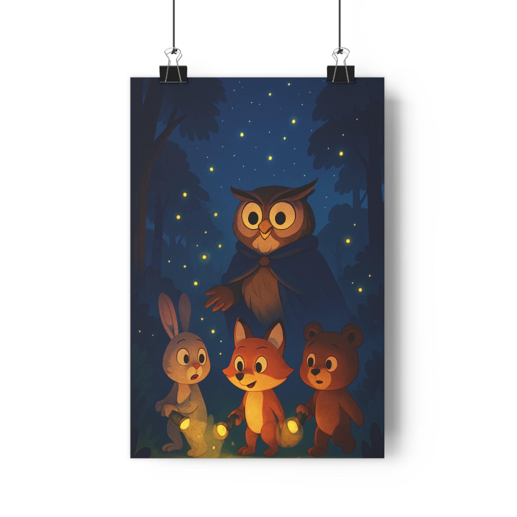 Poster décoratif nocturne bleu nuit étoiles forêt mystique chambre enfant mural magique hibou animaux