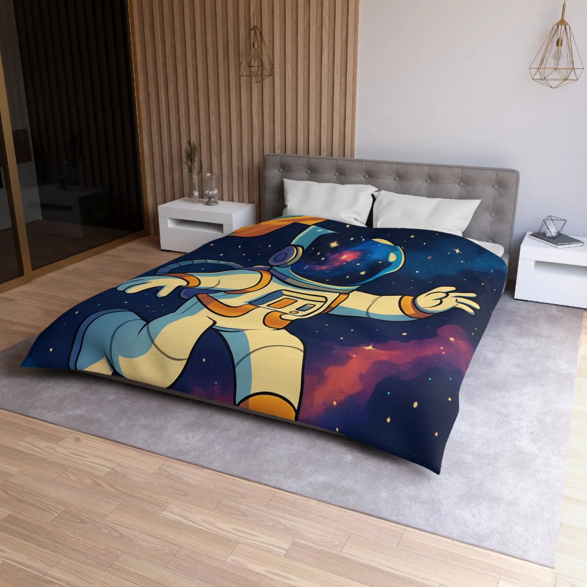 Housse de couette avec astronaute, planète et fusée dans l'espace étoilé coloré