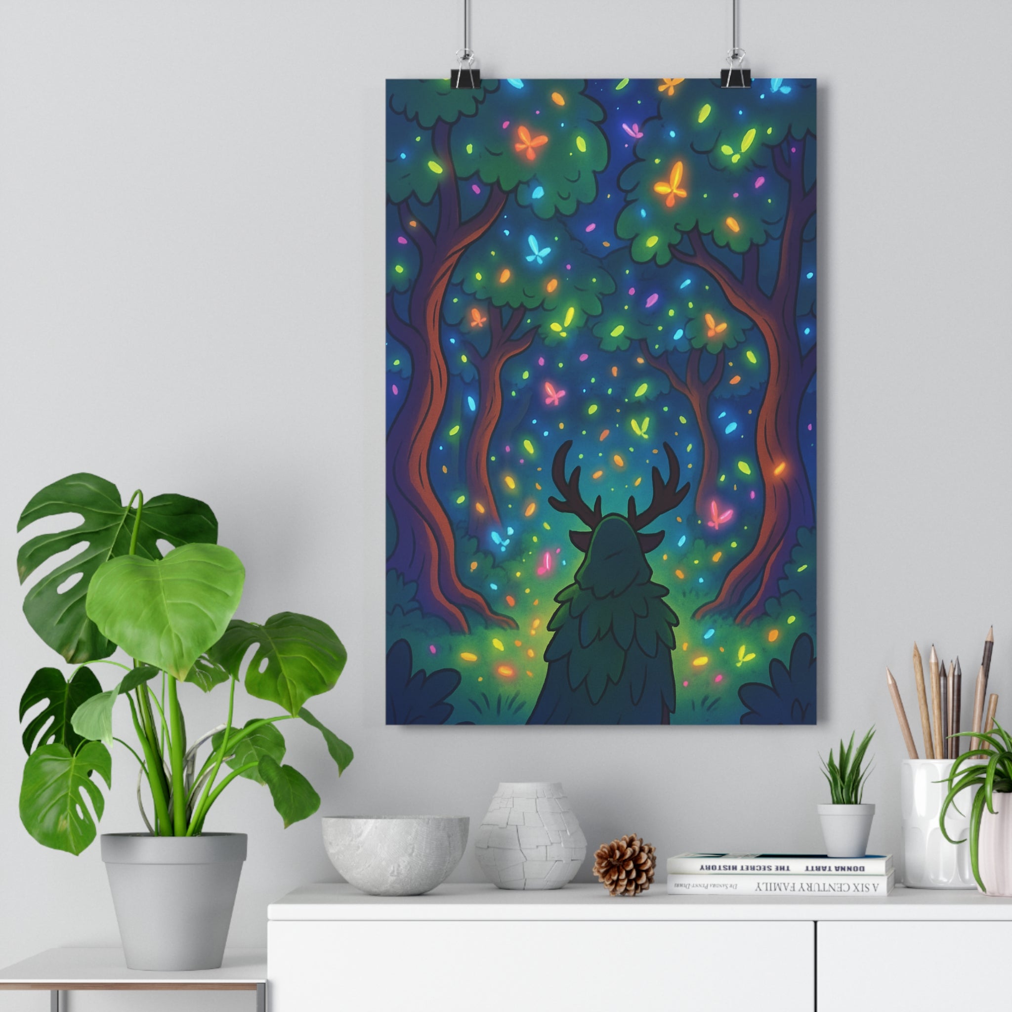 Poster décoratif forêt enchantée cartoon bleu vert orange mystique chambre enfant mural magique rêveur