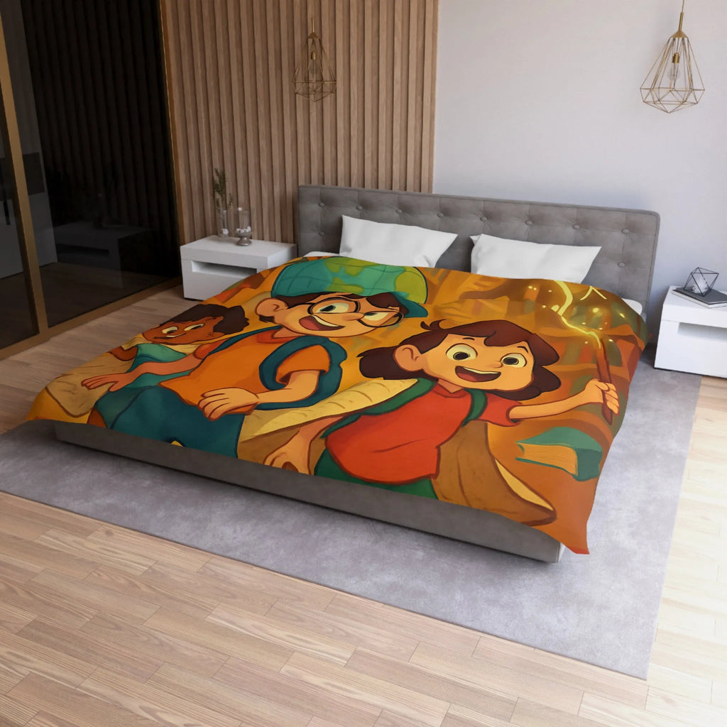 Housse de couette magique avec enfants explorant une bibliothèque enchantée et livres volants