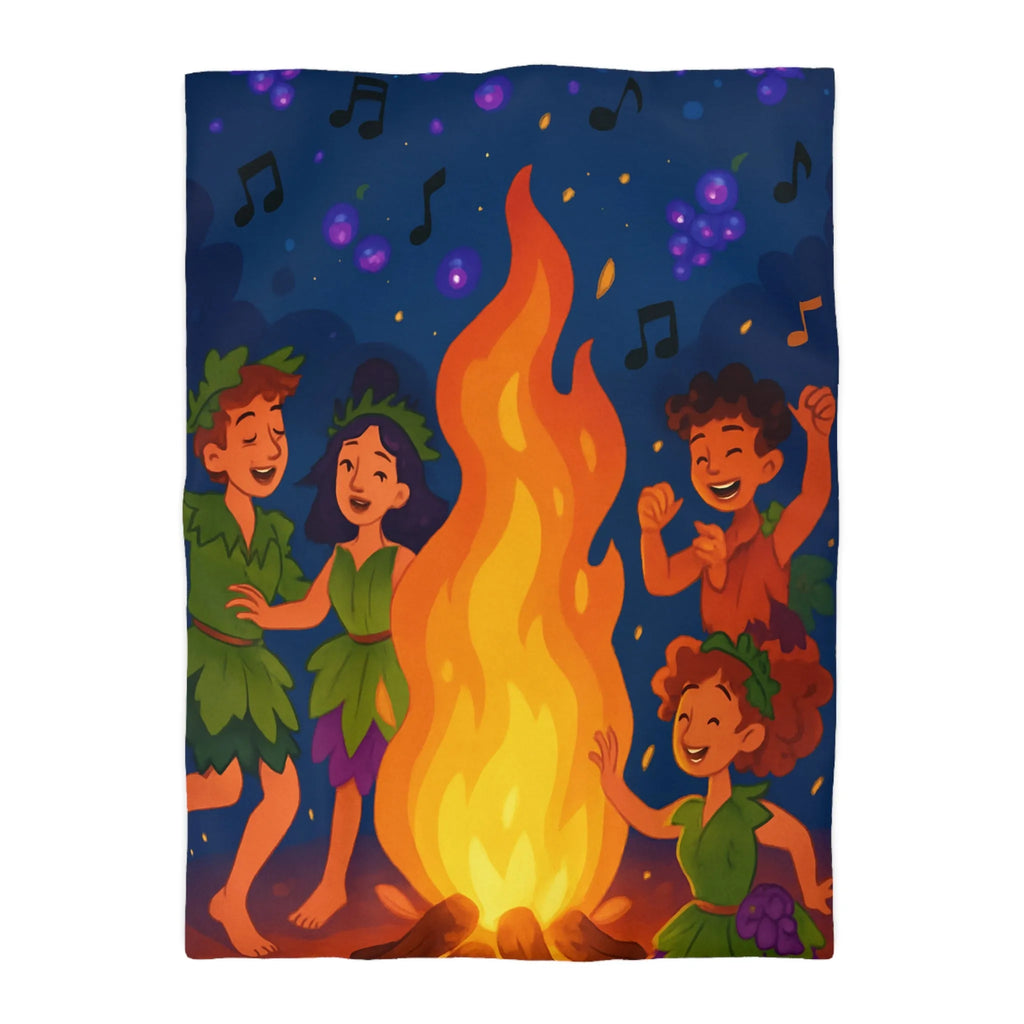 Housse de couette joyeuse autour d'un feu de camp avec enfants et raisins dansants