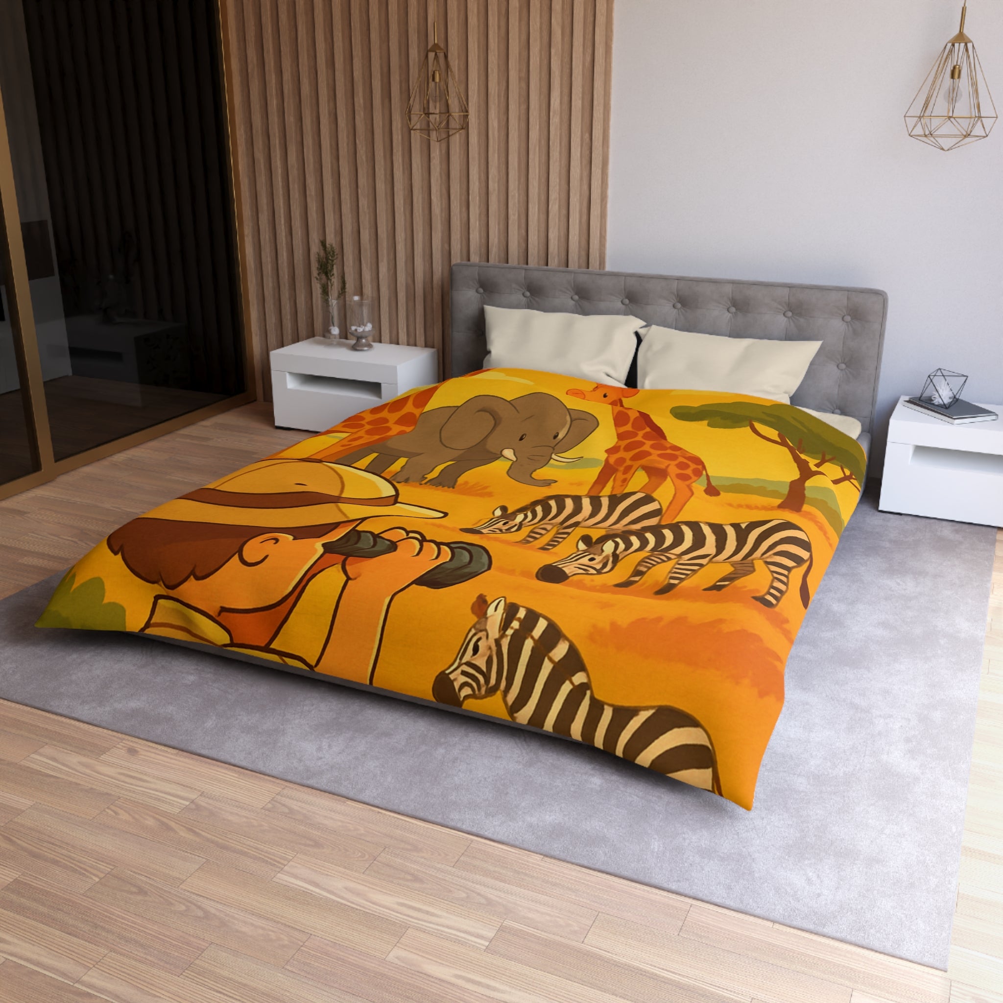 Housse de couette safari enfant avec éléphant, girafes et zèbres dans savane ensoleillée