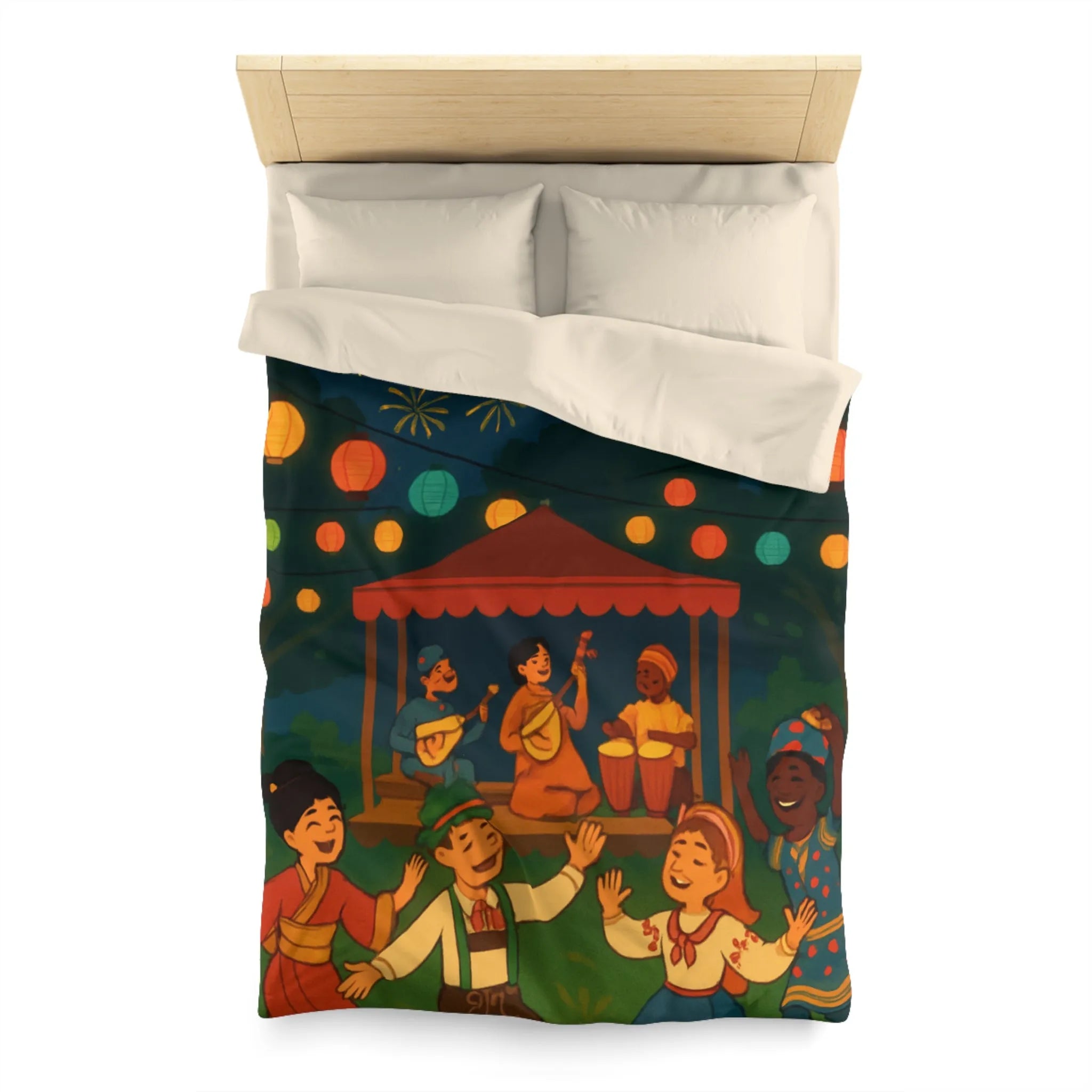 Housse de Couette Enfant Festive avec Lanternes Colorées et Scène de Musique en Plein Air