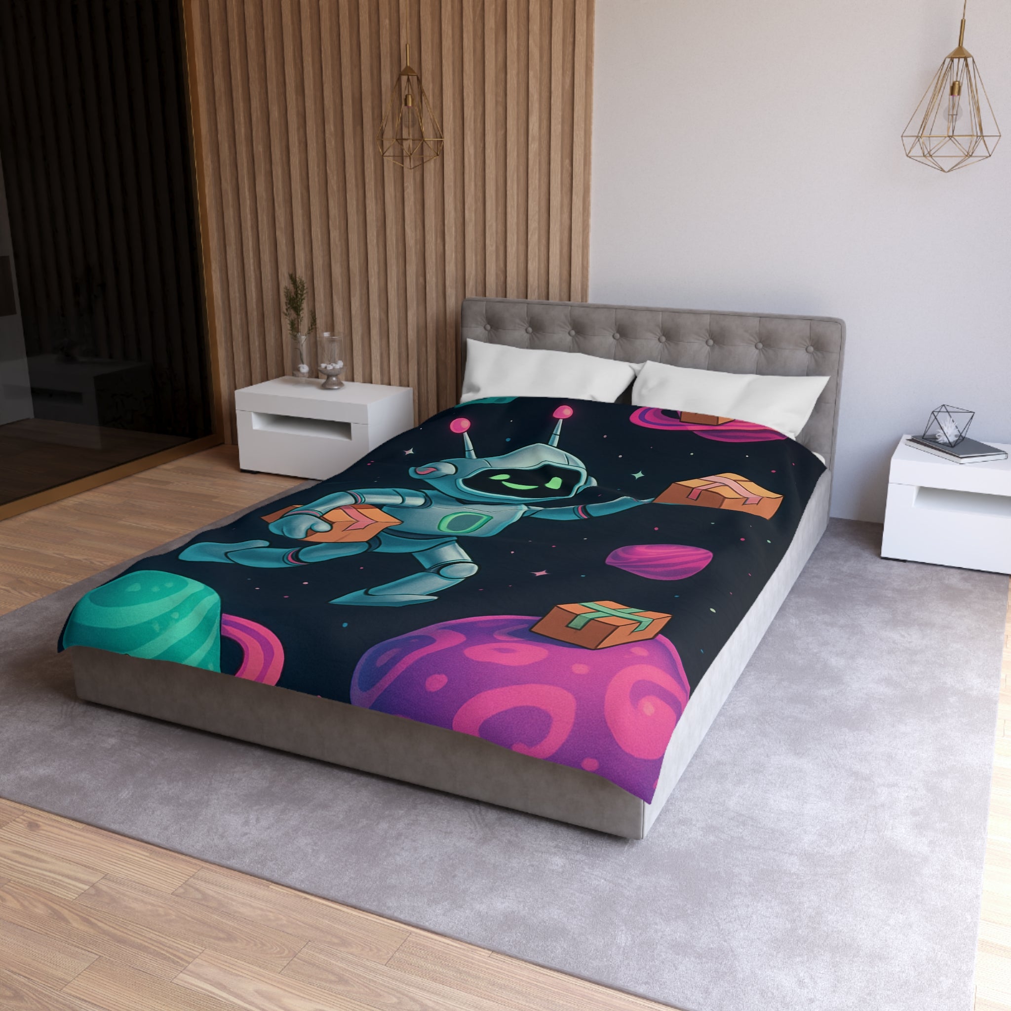 Housse de Couette Spatiale avec Robot Jovial et Planètes Colorées pour Enfants