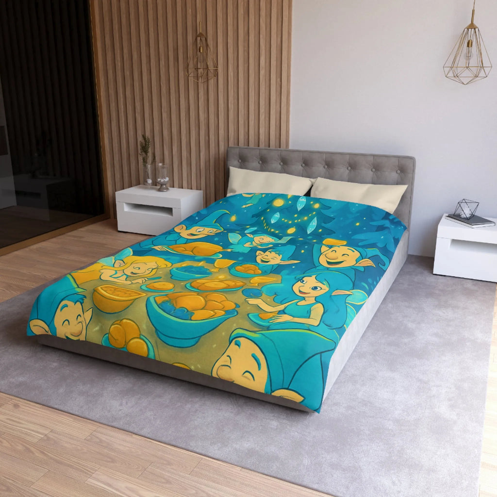 Housse de couette festive de lutins célébrant autour d'un sapin de Noël lumineux