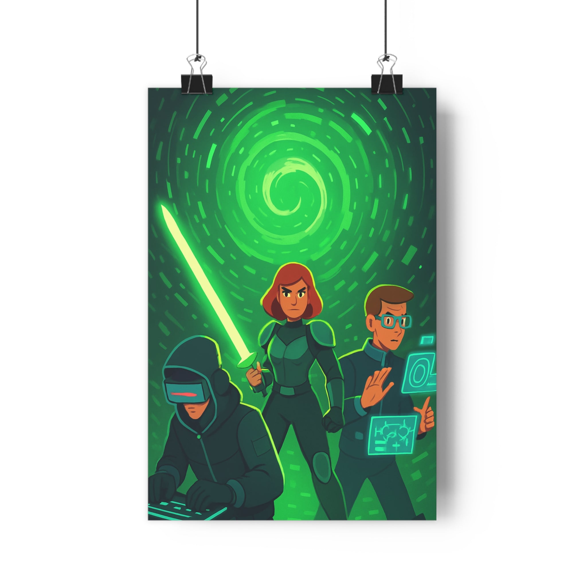 Poster décoratif futuriste anime vert lumineux chambre moderne captivant guerrier holographique virtuel épée ambiance