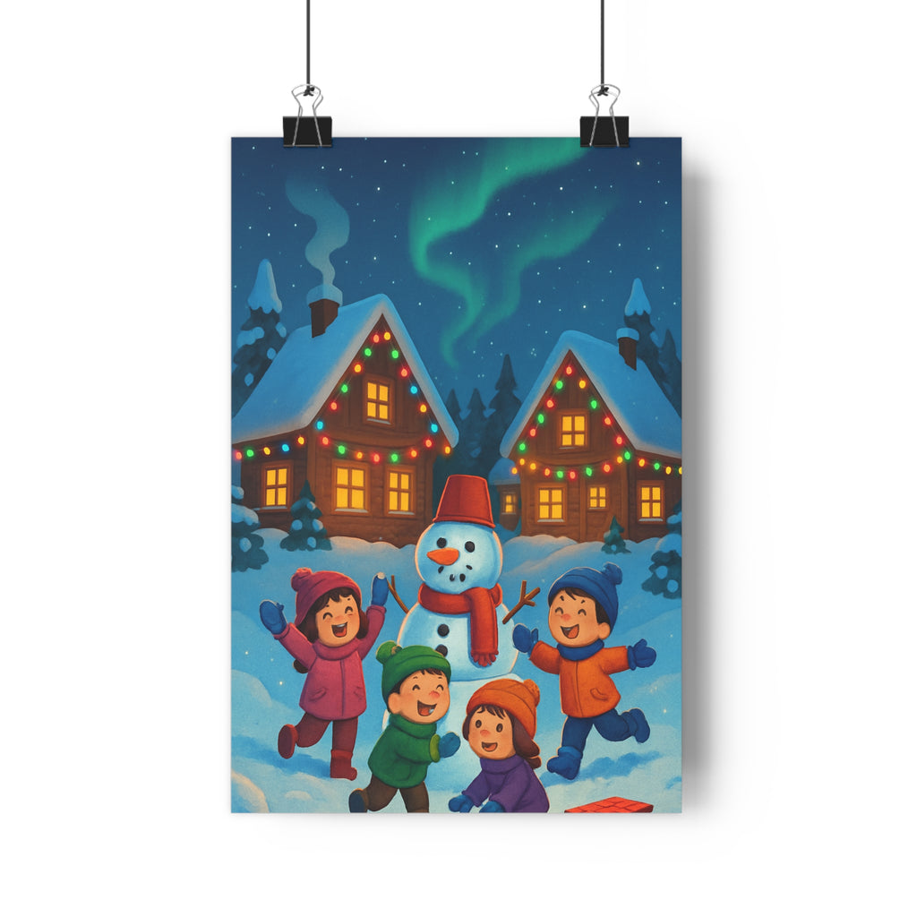 Poster décoratif hiver féérique pastel joyeux enfants neige nuit étoilée magie maison chambre qualité
