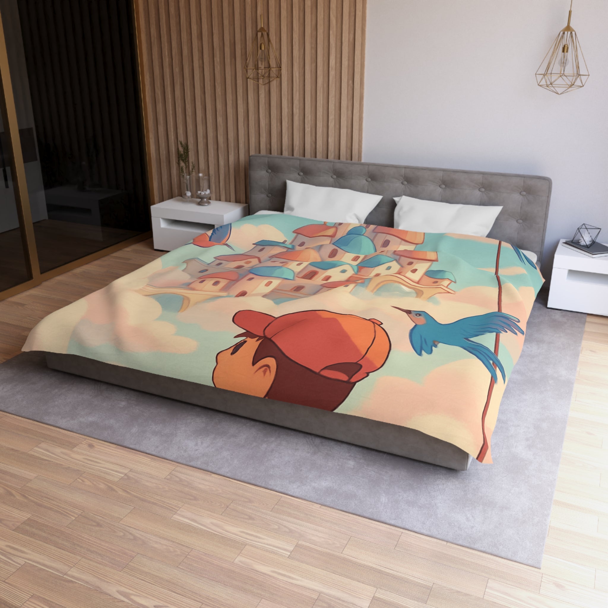 Housse de couette rêveuse avec enfant explorant un château céleste parmi les nuages