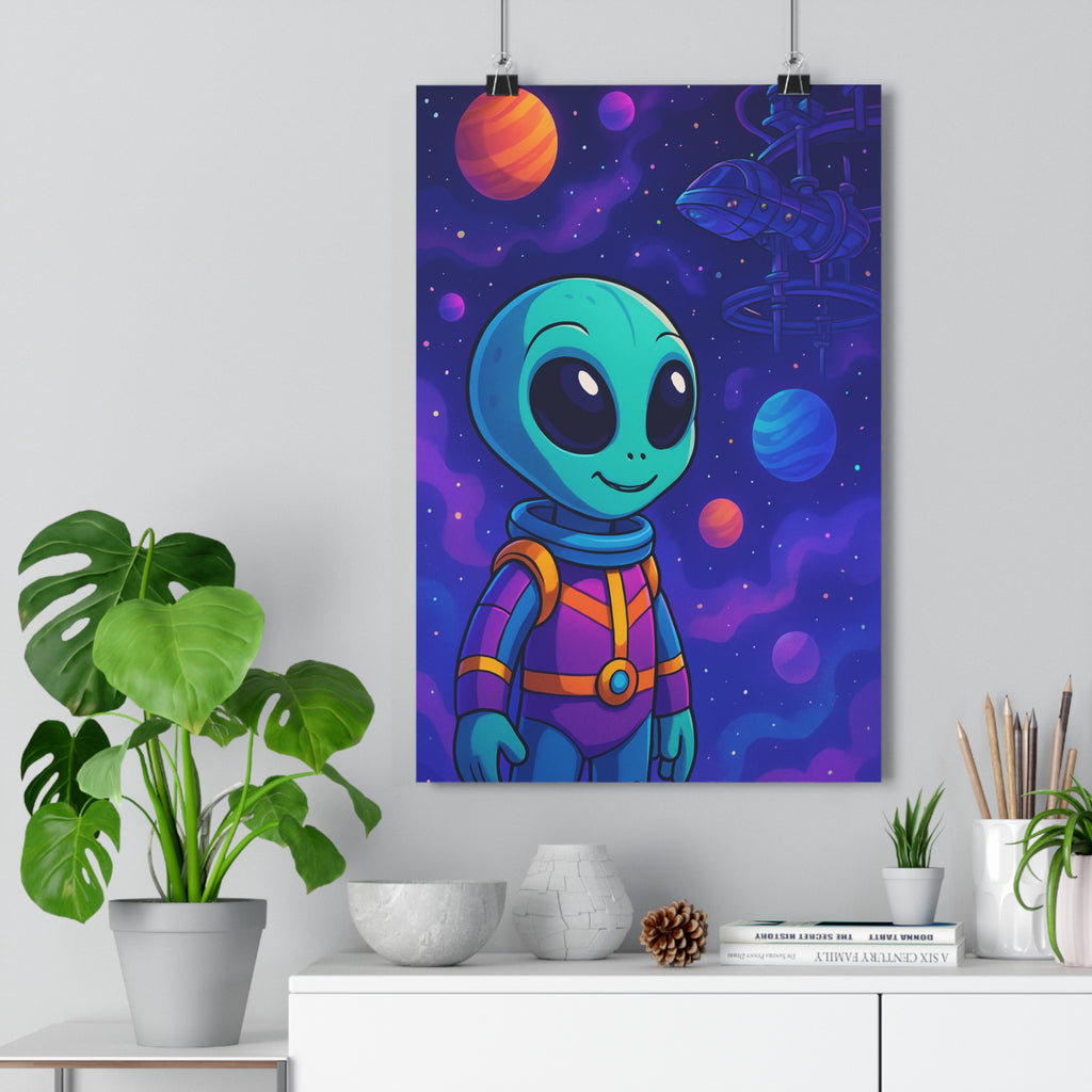 Poster décoratif futuriste intergalactique extraterrestre cartoon violet bleu joyeux enfant chambre coloré vibrant spaciale