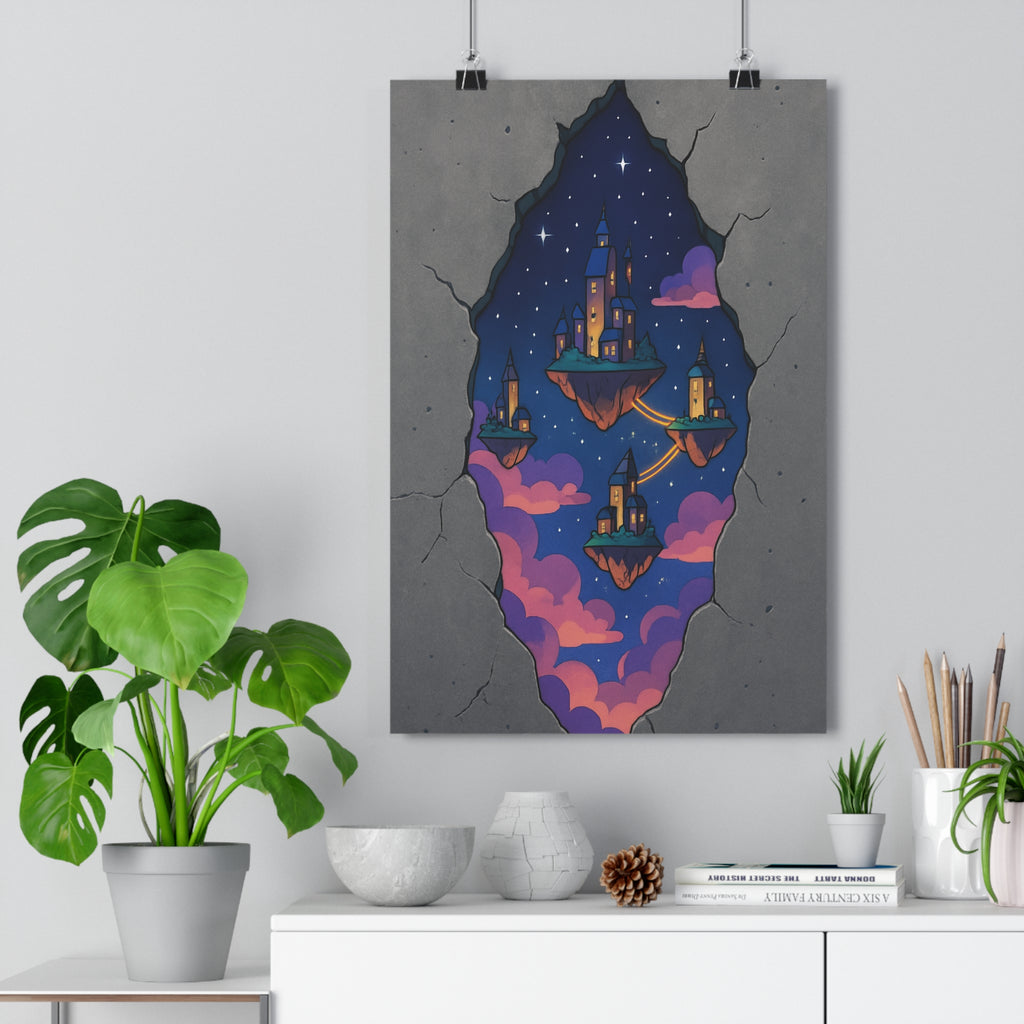 Poster décoratif cité céleste bleu violet mystique anime magique chambre salon apaisante îlots lumineux