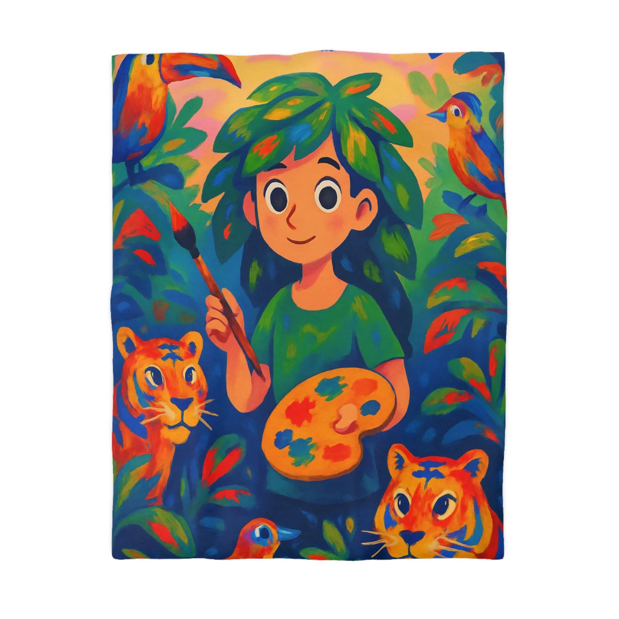 Housse de couette colorée avec tigres et artiste dans une jungle vibrante