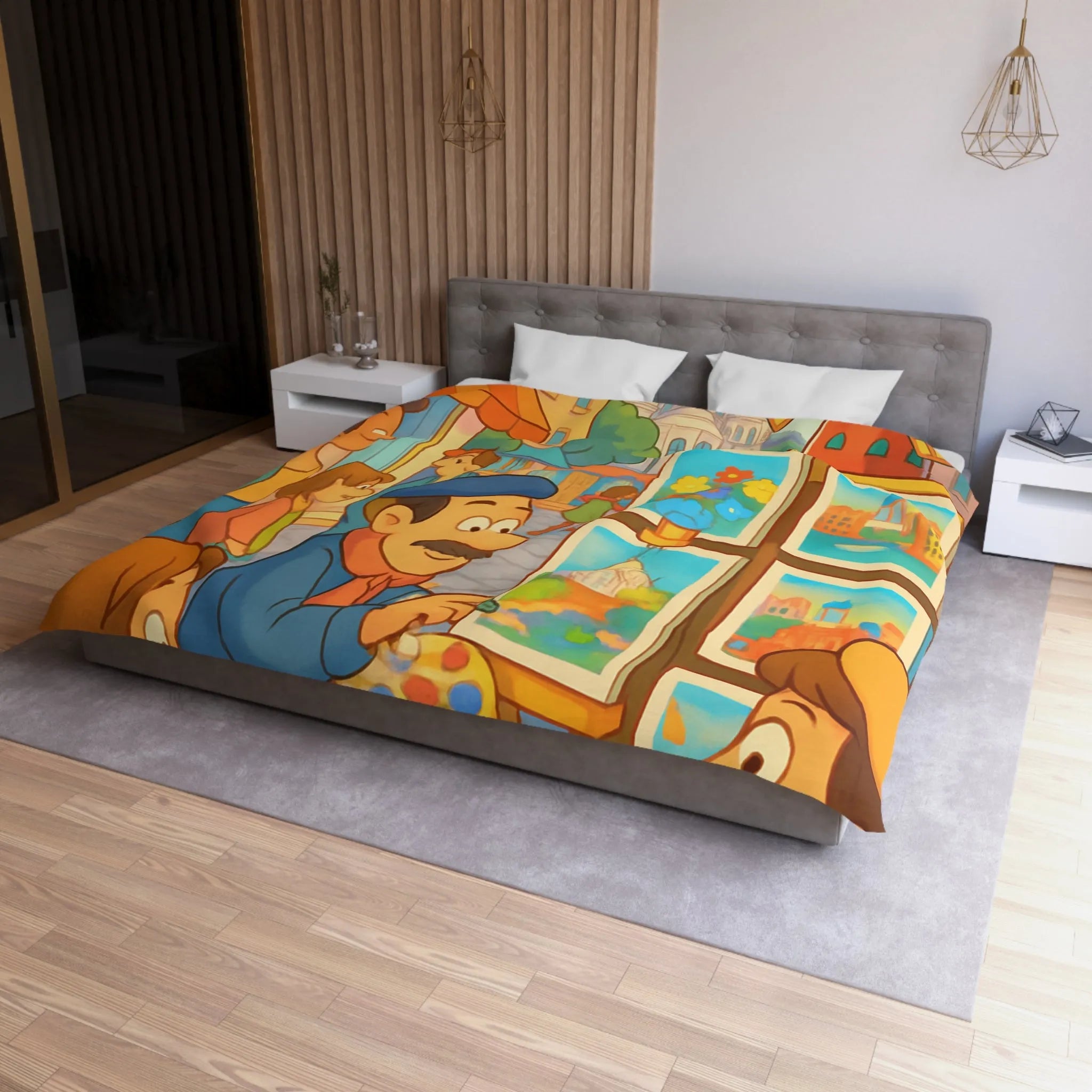 Housse de Couette Illustrée: Scène Parisienne Peintre et Moulin Rouge Enfants