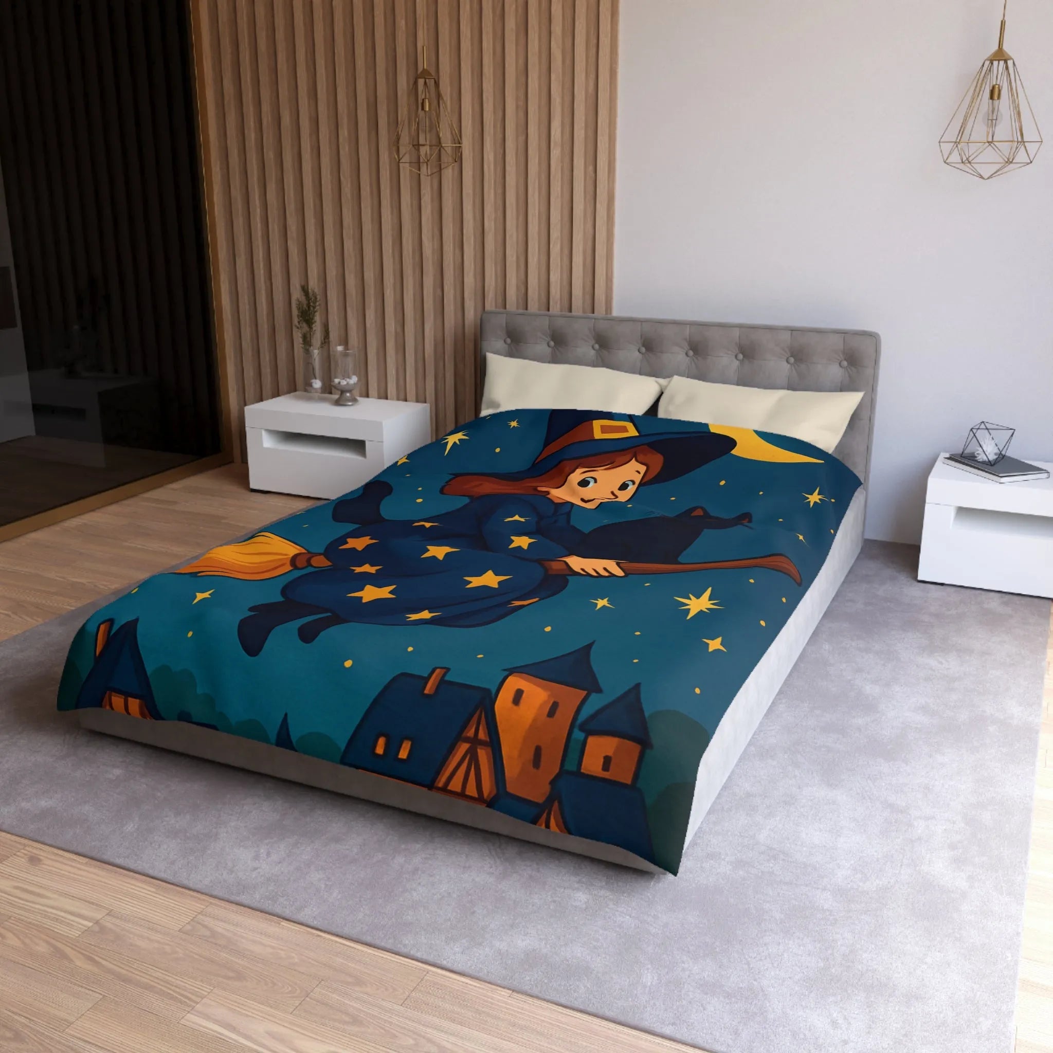 Housse de Couette Enfant Fantaisie Sorcière et Chat Noir sur Balai Nocturne