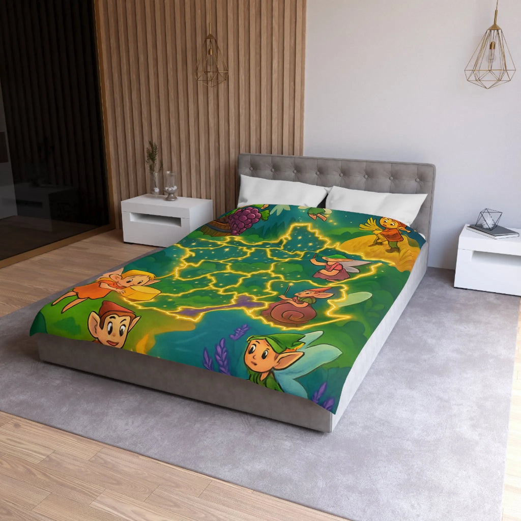 Housse de couette illustrée avec fées et lutins en carte de France enchantée