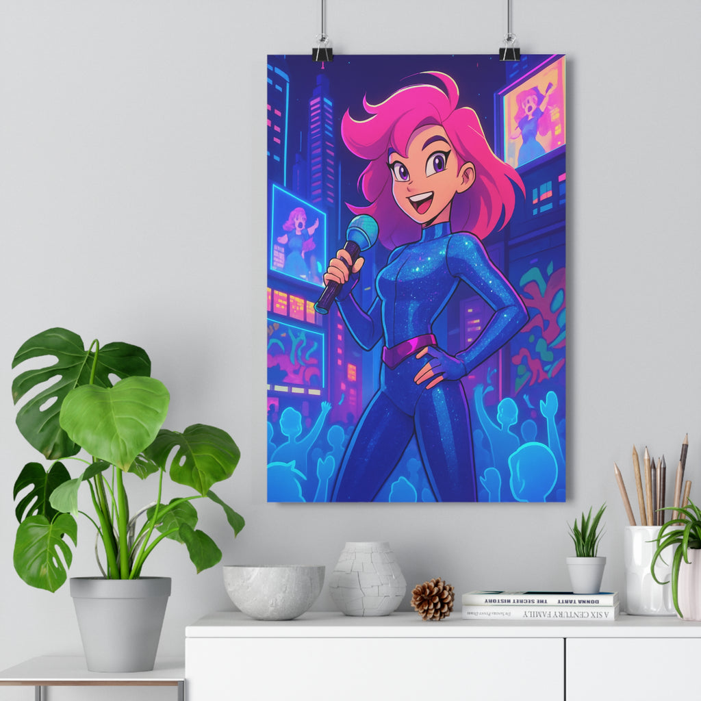 Poster décoratif futuriste chanteuse micro cyberpunk bleu rose chambre anime vibrant dynamique illuminé moderne
