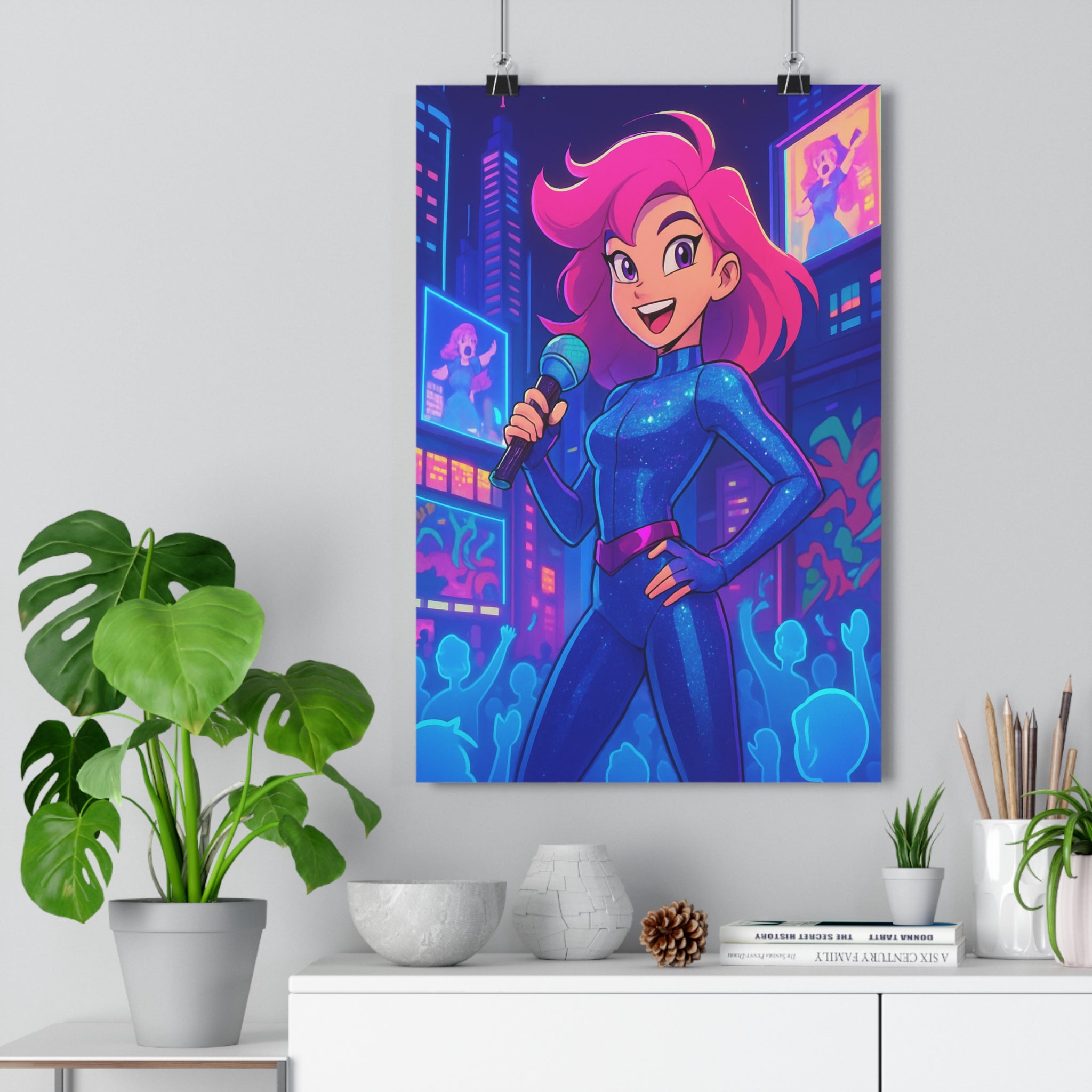 Poster décoratif futuriste chanteuse micro cyberpunk bleu rose chambre anime vibrant dynamique illuminé moderne
