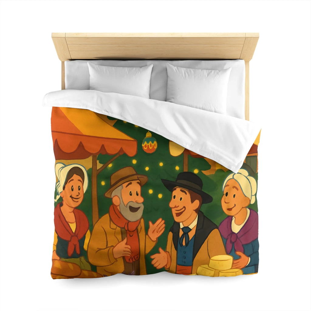 Housse de couette festive avec marché de Noël et sapin illuminé au village