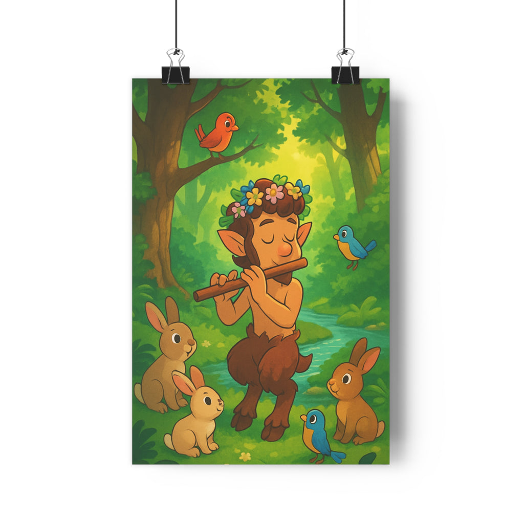 Poster décoratif féérique scène cartoon forêt enchantée harmonieuse vibrant faune lumière douce nature enchantement