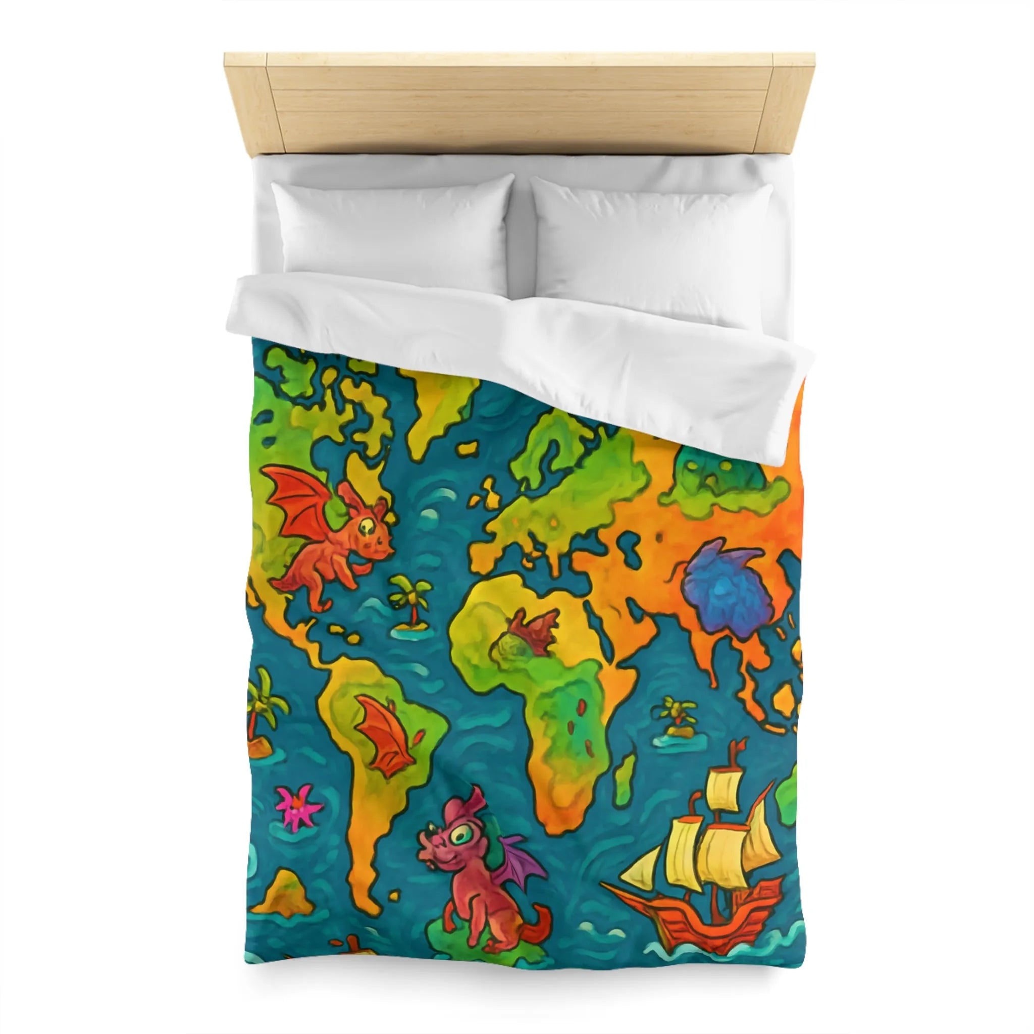 Housse de couette carte monde fantastique avec dragons et bateaux pour enfant
