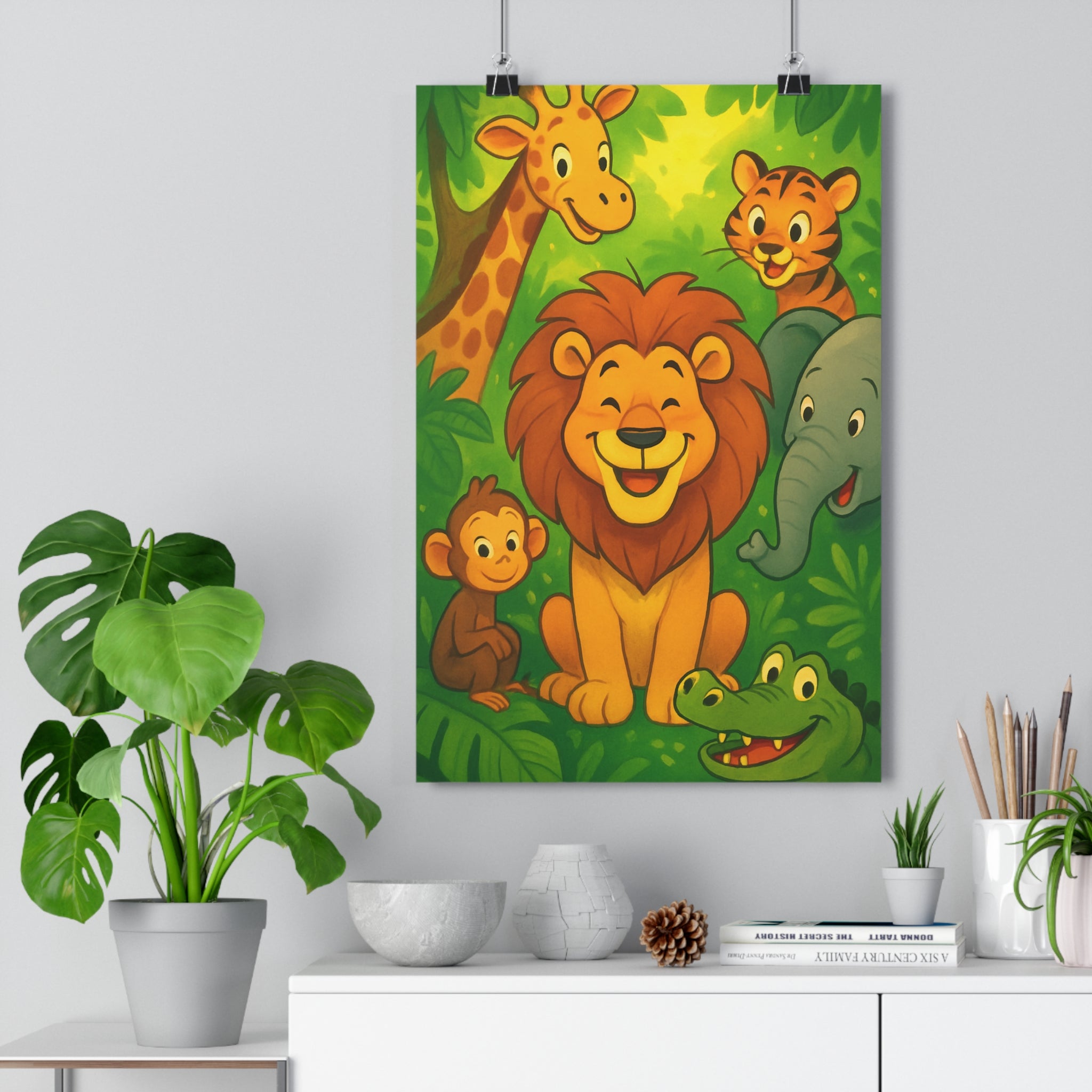 Poster décoratif enfant jungle dessin animé vibrant jaune vert joyeux chambre animaux coloré ambiance