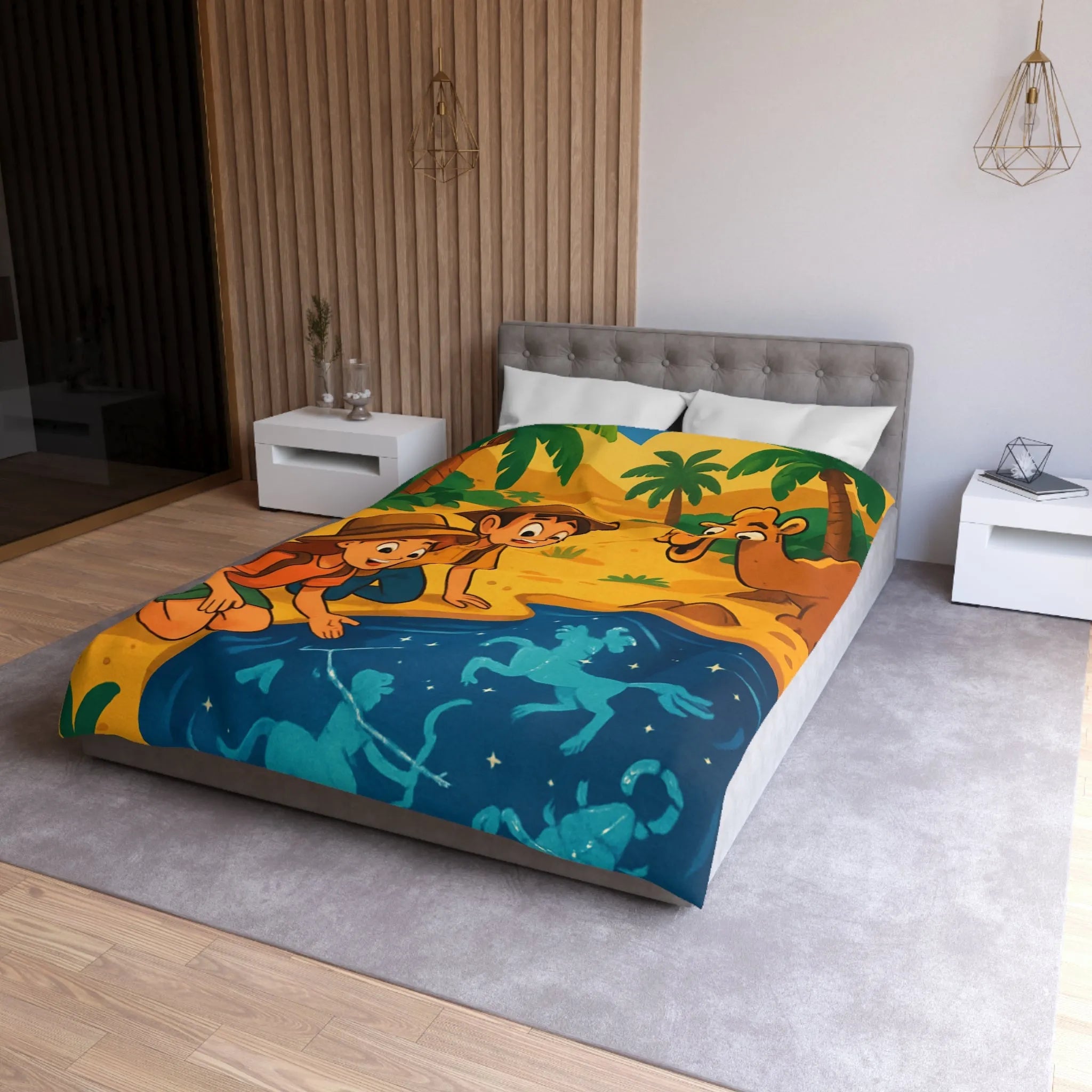 Housse de couette désert exotique enfants étoiles, animaux et aventuriers explorant oasis magique