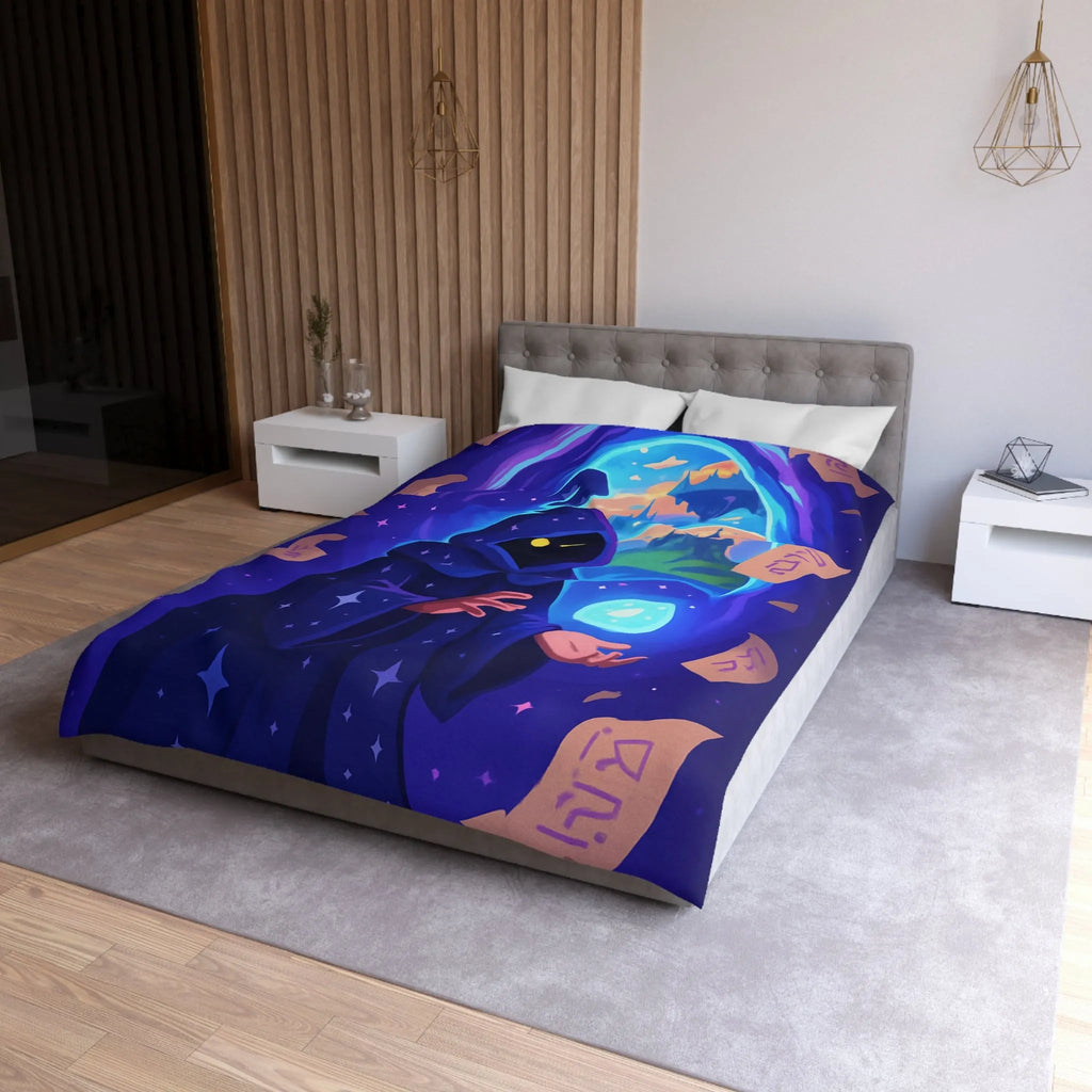 Housse de couette magique bleu nuit avec sorcier et château fantastique étoilé mystérieux