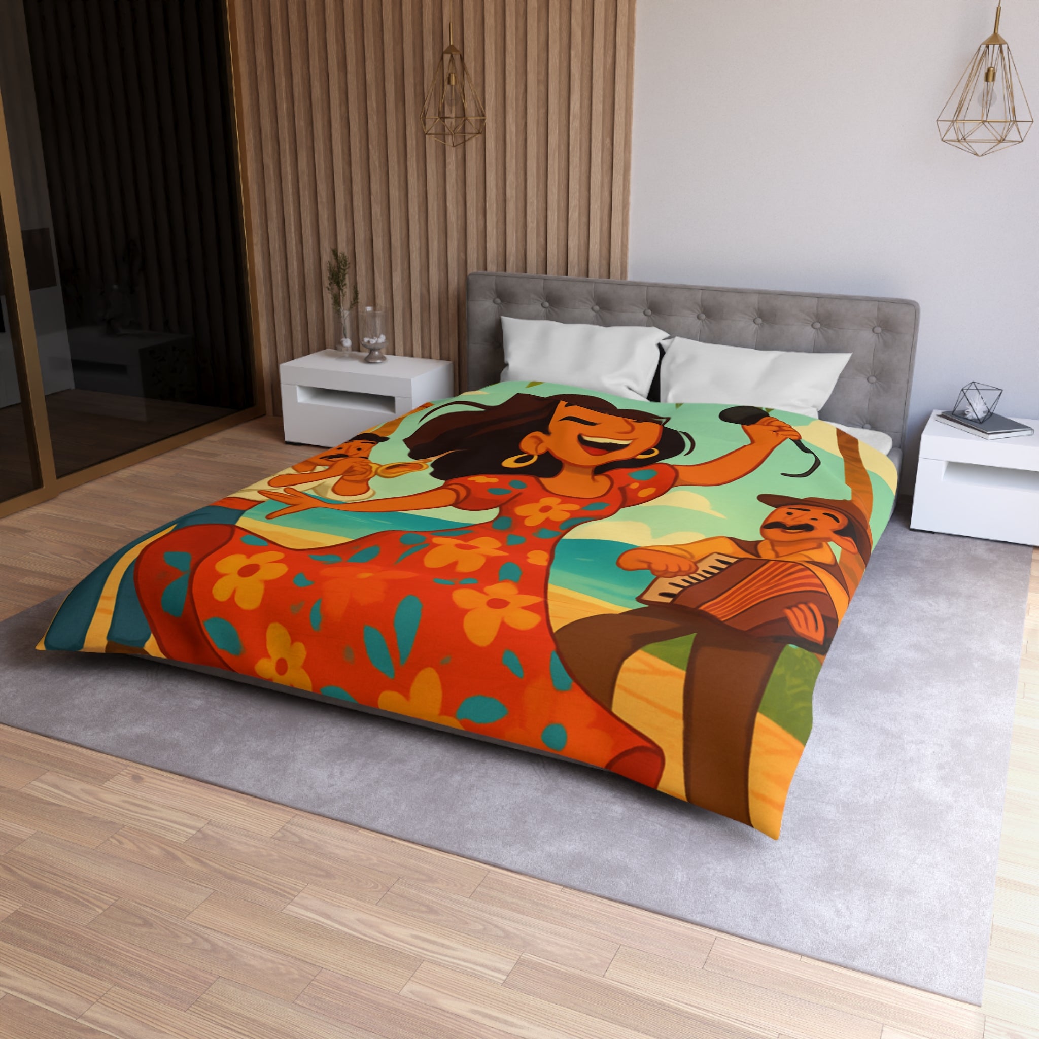 Housse de couette tropicale colorée avec danseuse et musiciens, ambiance joyeuse et festive