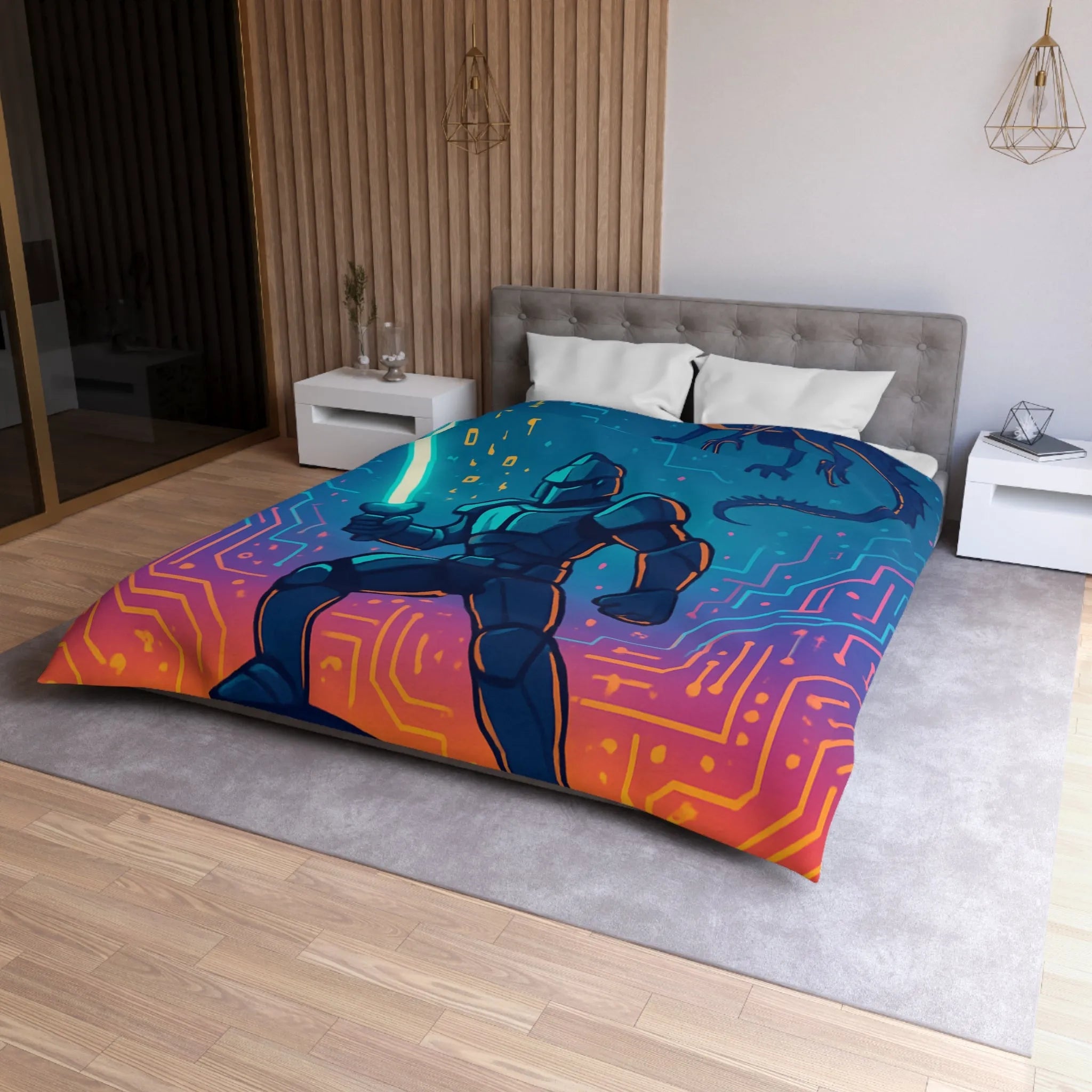 Housse de couette futuriste avec chevalier numérique et dragon volant coloré et épique