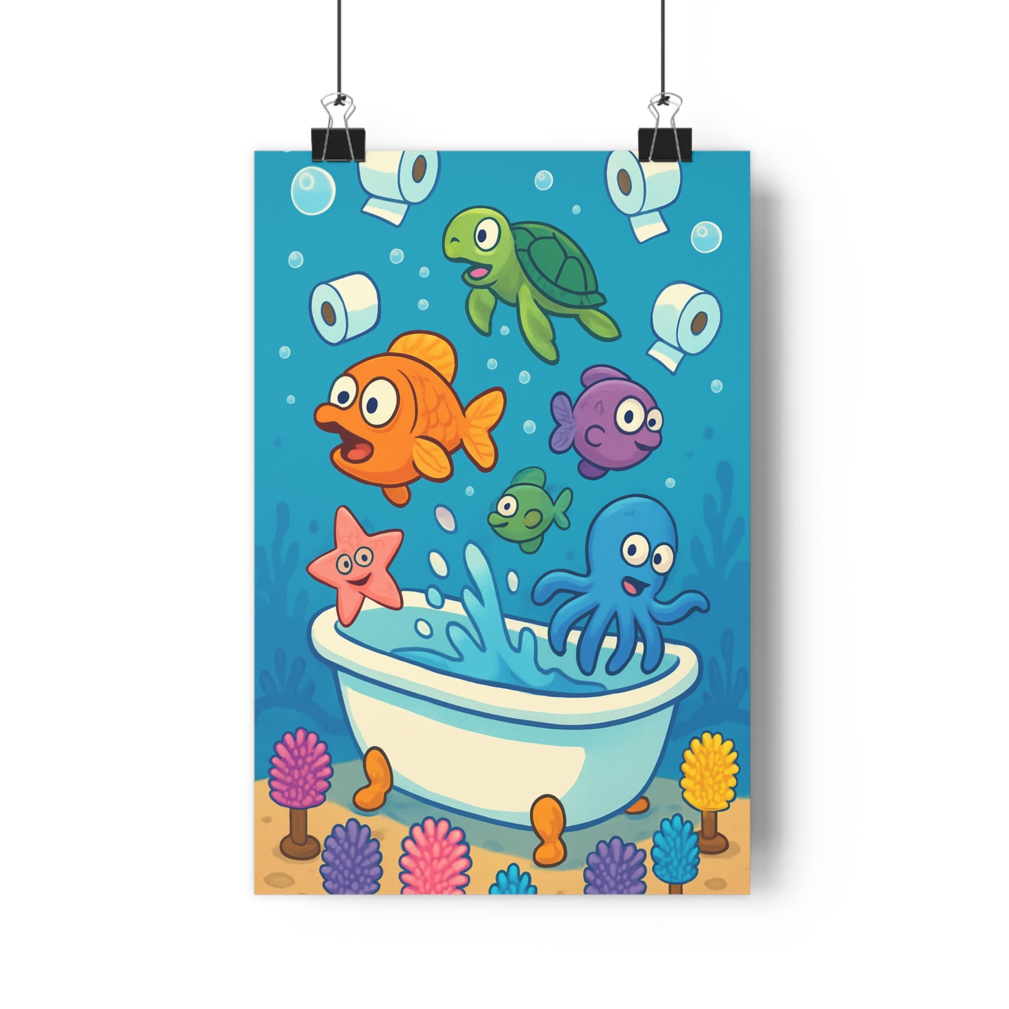 Poster décoratif marin coloré bleu orange joyeux chambre enfant fantaisie animaux original humoristique tendance