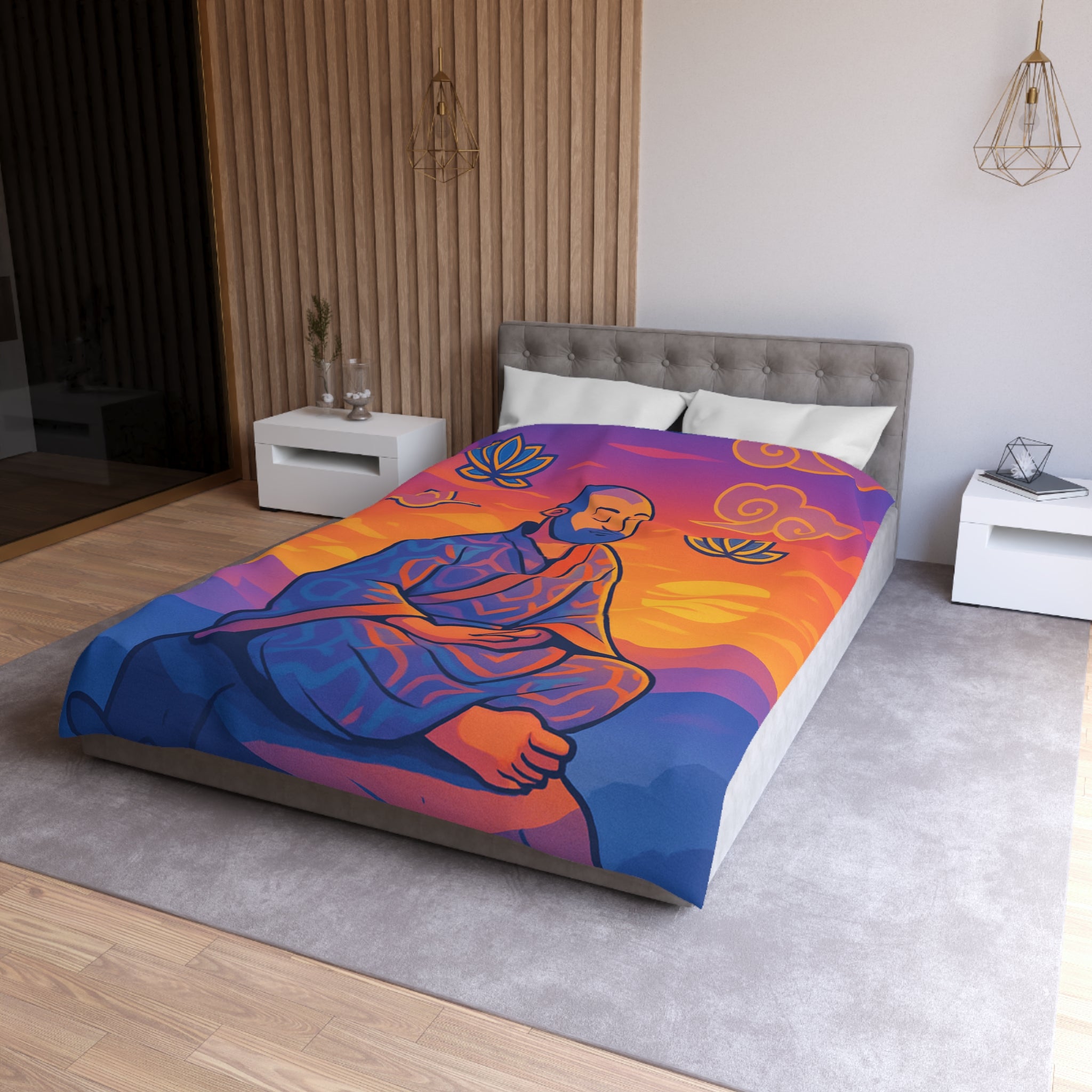 Housse de Couette Zen Moine Méditant au Coucher de Soleil Avec Fleurs de Lotus