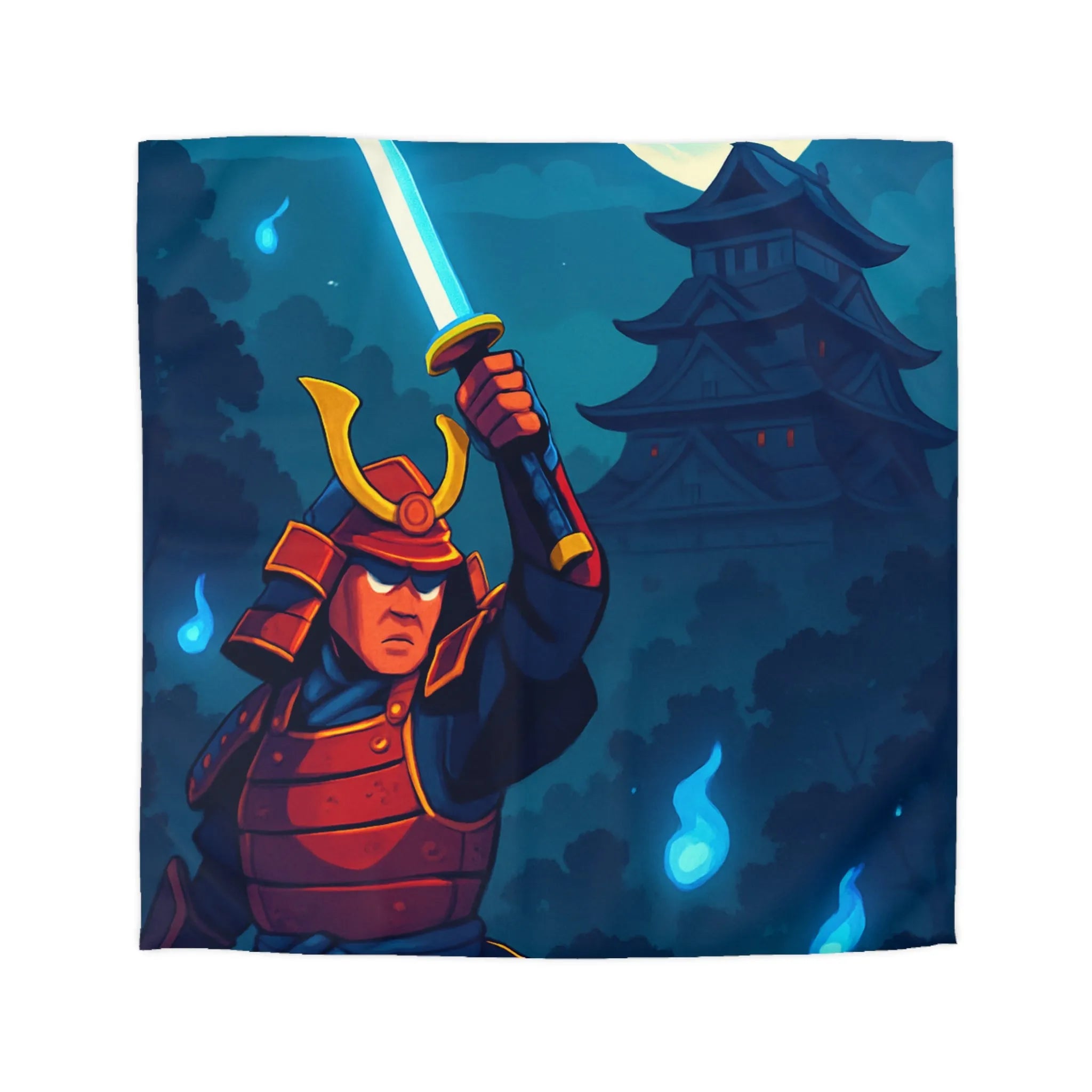 Housse de couette épique samouraï sous lune avec château en arrière-plan mystique