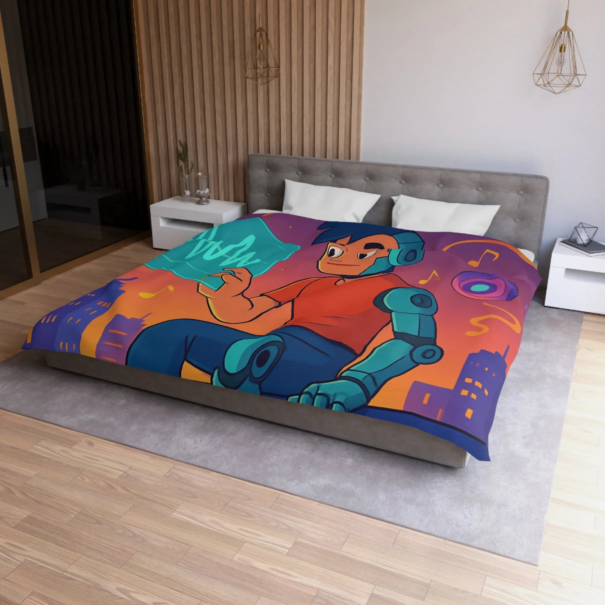 Housse de couette illustrée avec robot et skyline de nuit vibrante et colorée