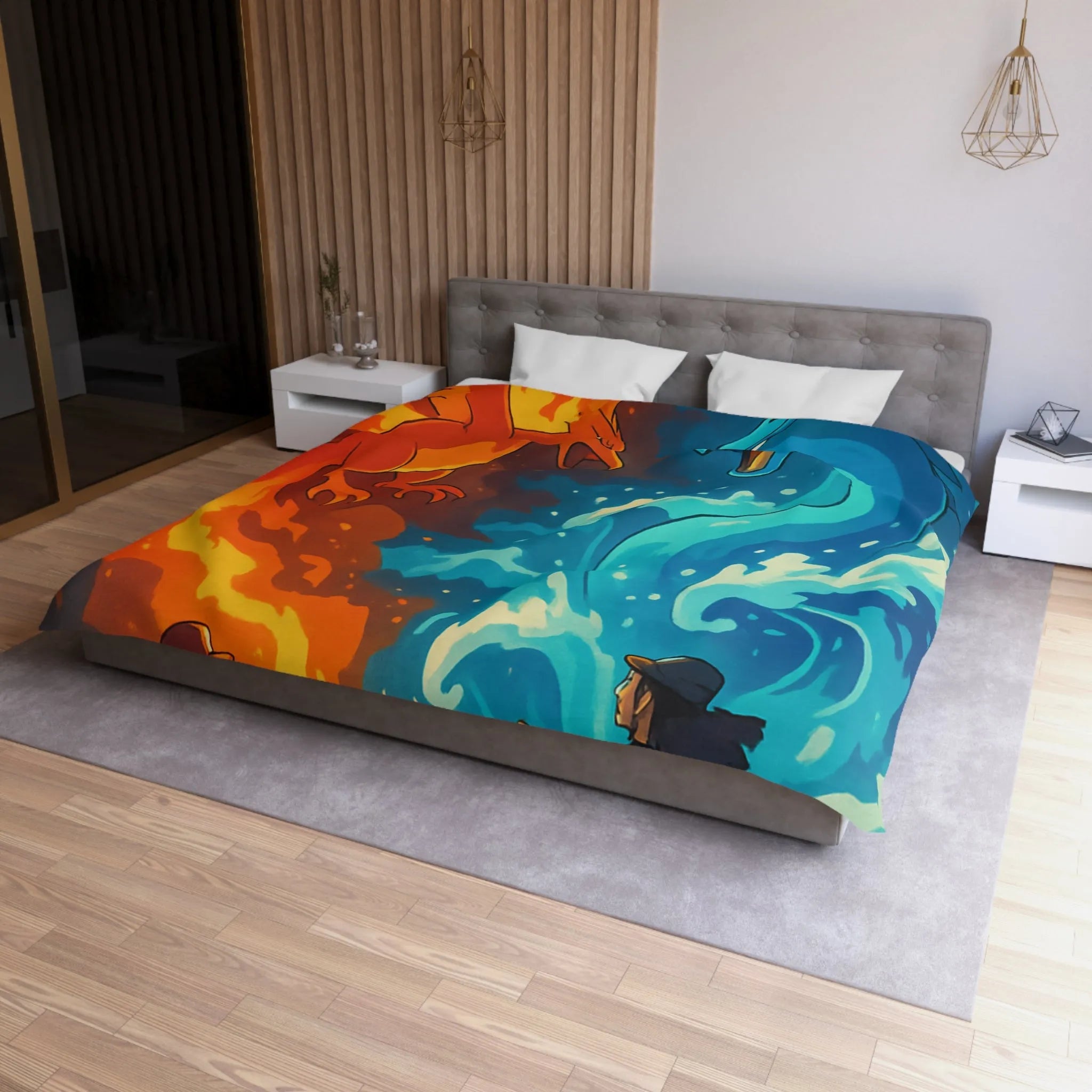 Housse de couette aventure épique avec créatures de feu et glace légendaires en duel