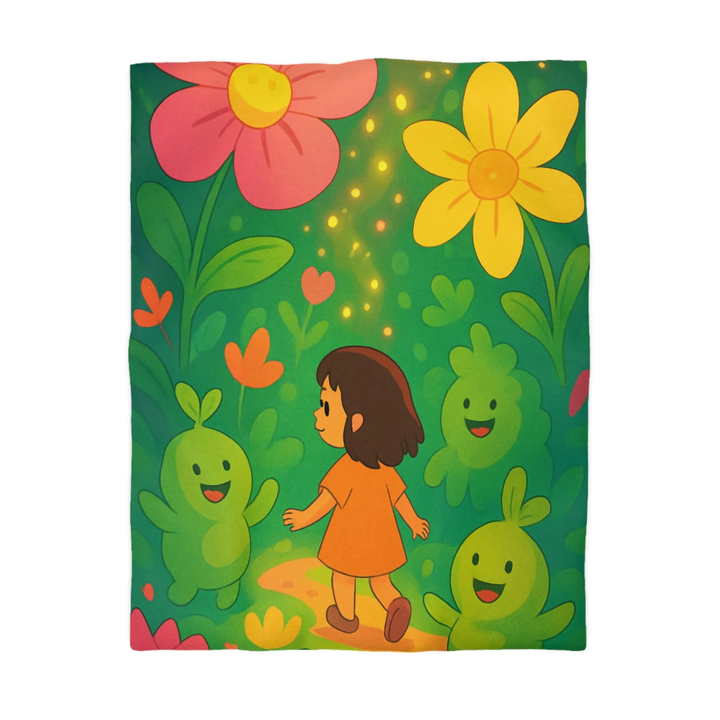 Housse de couette enfant avec fleurs colorées et créatures joyeuses dans forêt magique