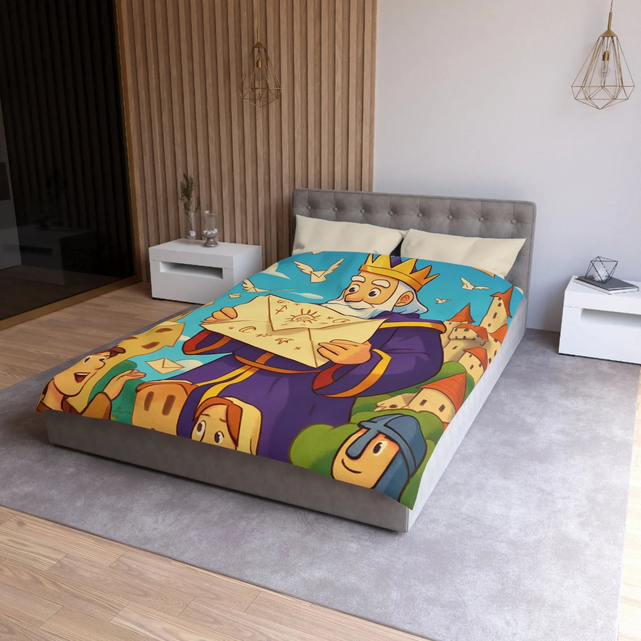 Housse de couette joyeuse avec roi médiéval et château féerique pour enfants