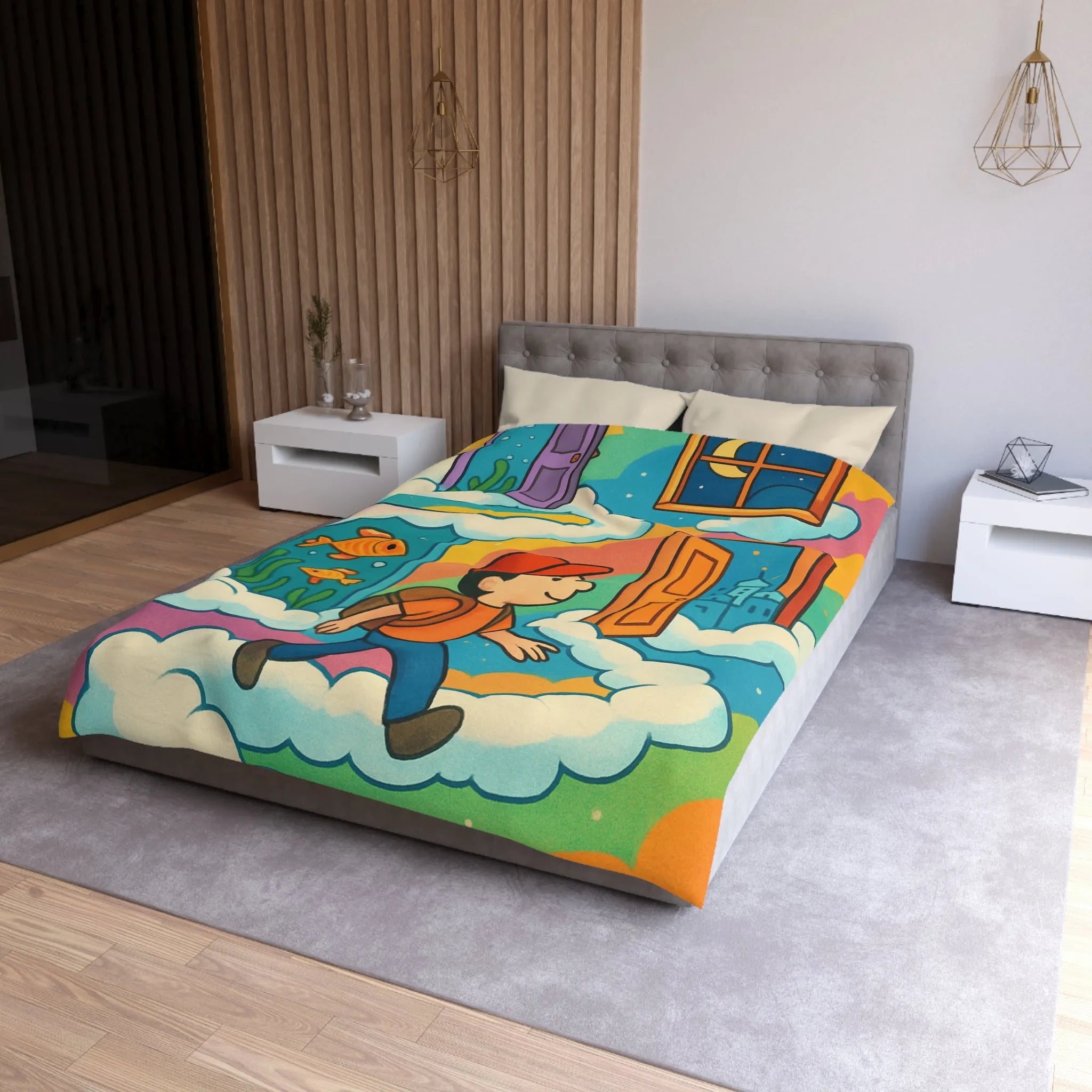 Housse de couette colorée avec portes magiques, nuages et aventure pour enfants rêveurs