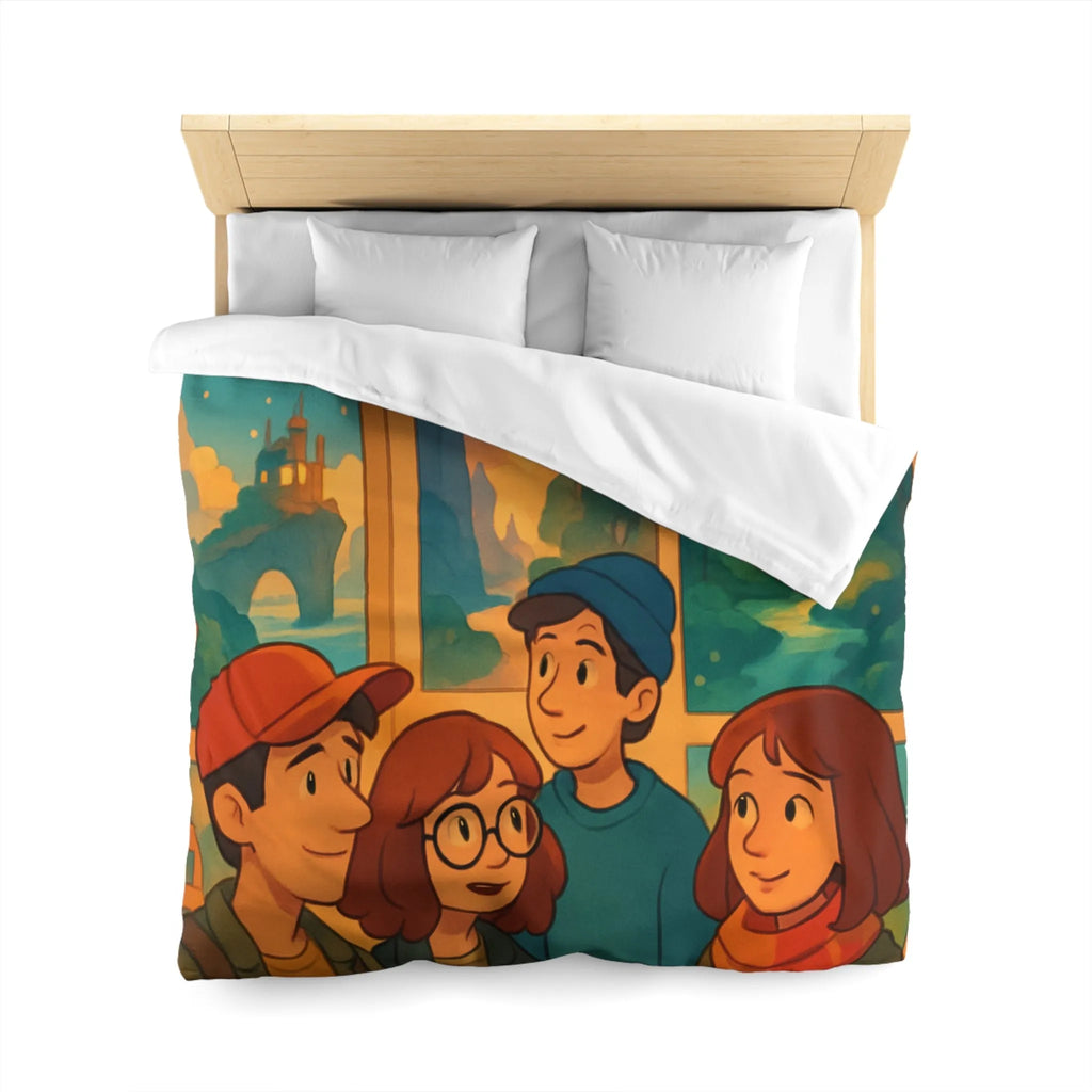 Housse de couette colorée avec paysages enchanteurs et personnages stylisés en exposition artistique